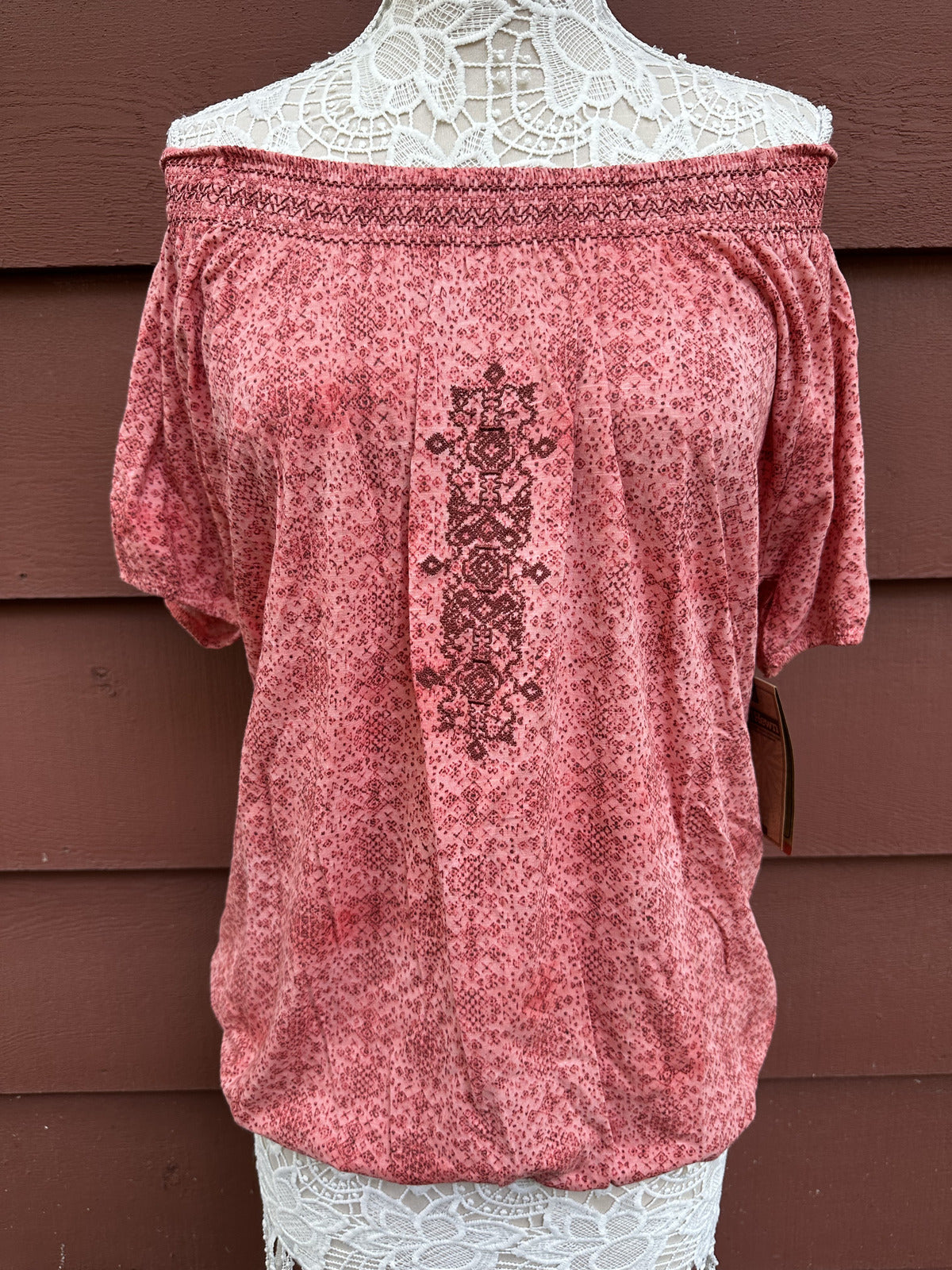 NWT Ruff Hewn Bohemian Coral Embroidered Blouse with Elastic Neckline