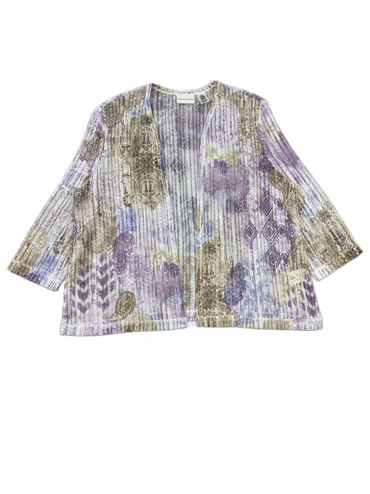 Alfred Dunner Bohemian Lavender Beige Textured Knit Cardigan Large Layer