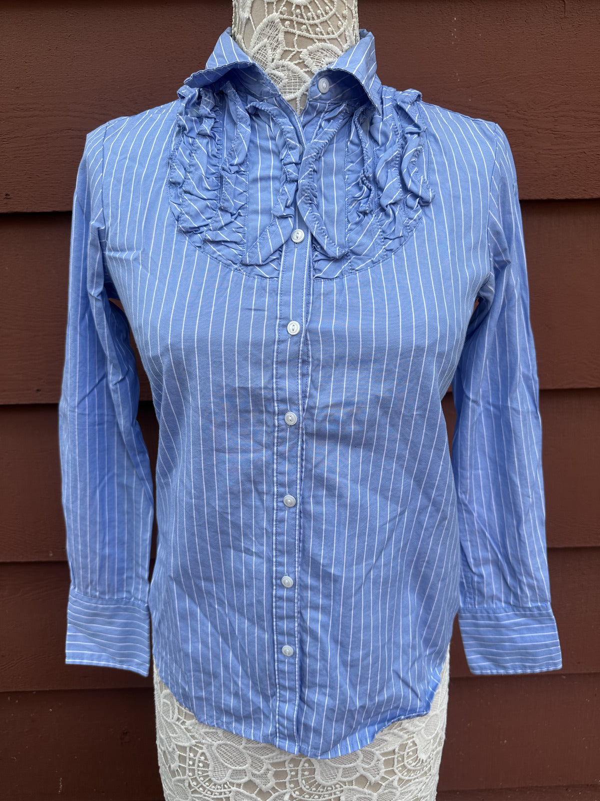 Gap Vintage Blue and White Striped Ruffle Blouse Cotton Office Siren Preppy