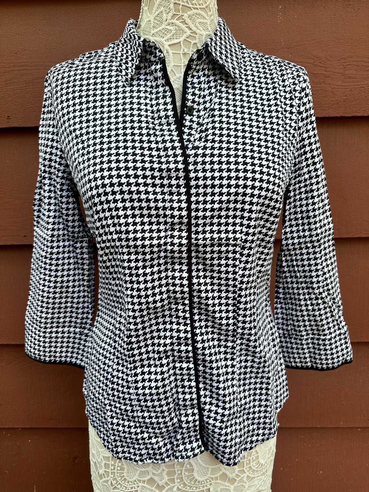 Covington Black and White Houndstooth Blouse Office Siren Dark Academia