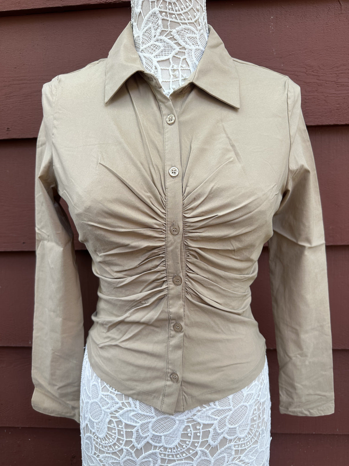 Love Tree Tan Cream Ruched Long Sleeve Button Up Top Indie Preppy Bohemian