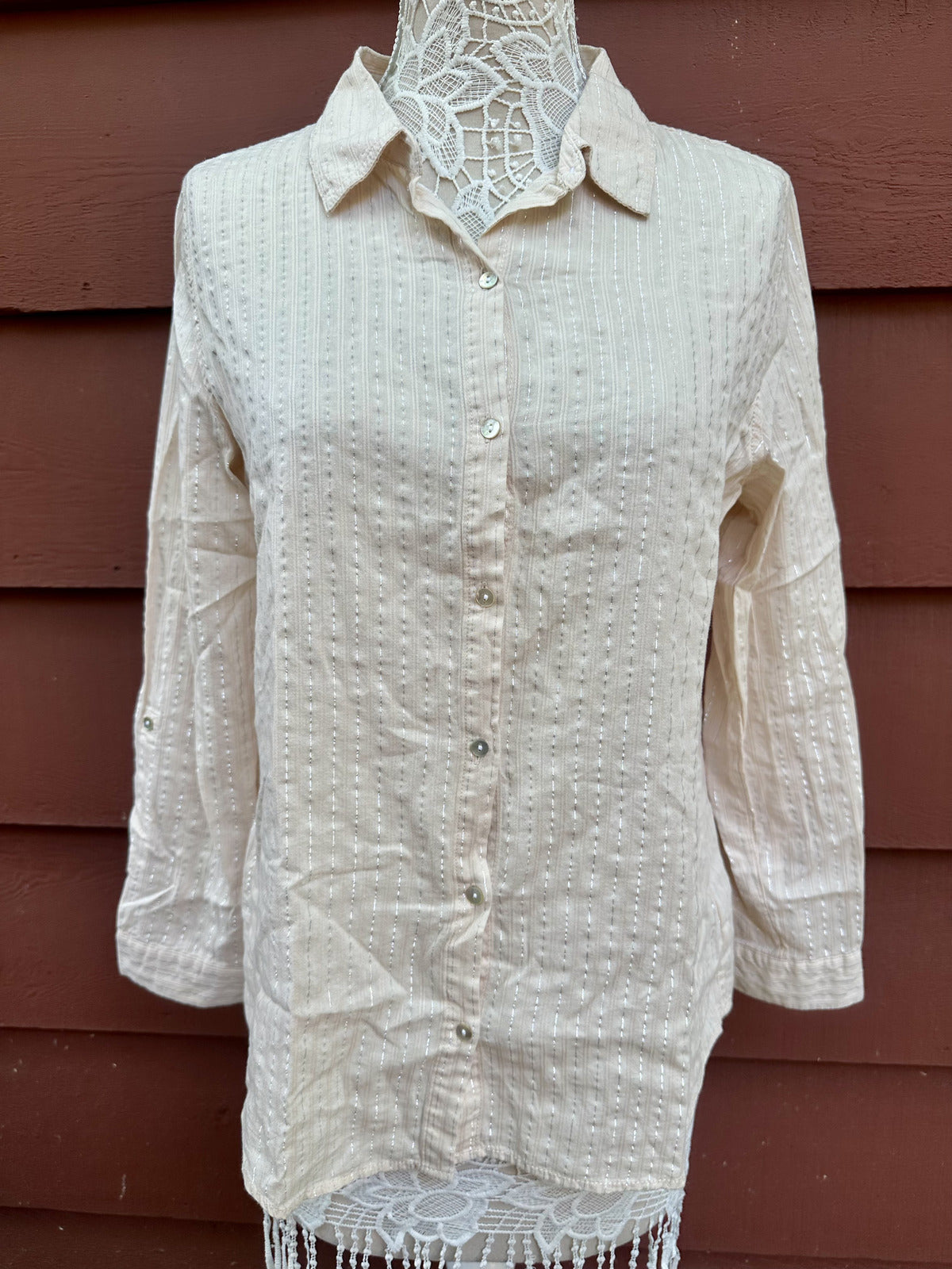 Sigrid Olsen Vintage Cream Linen Blend Button Down Blouse with Metallic Pinstrpe