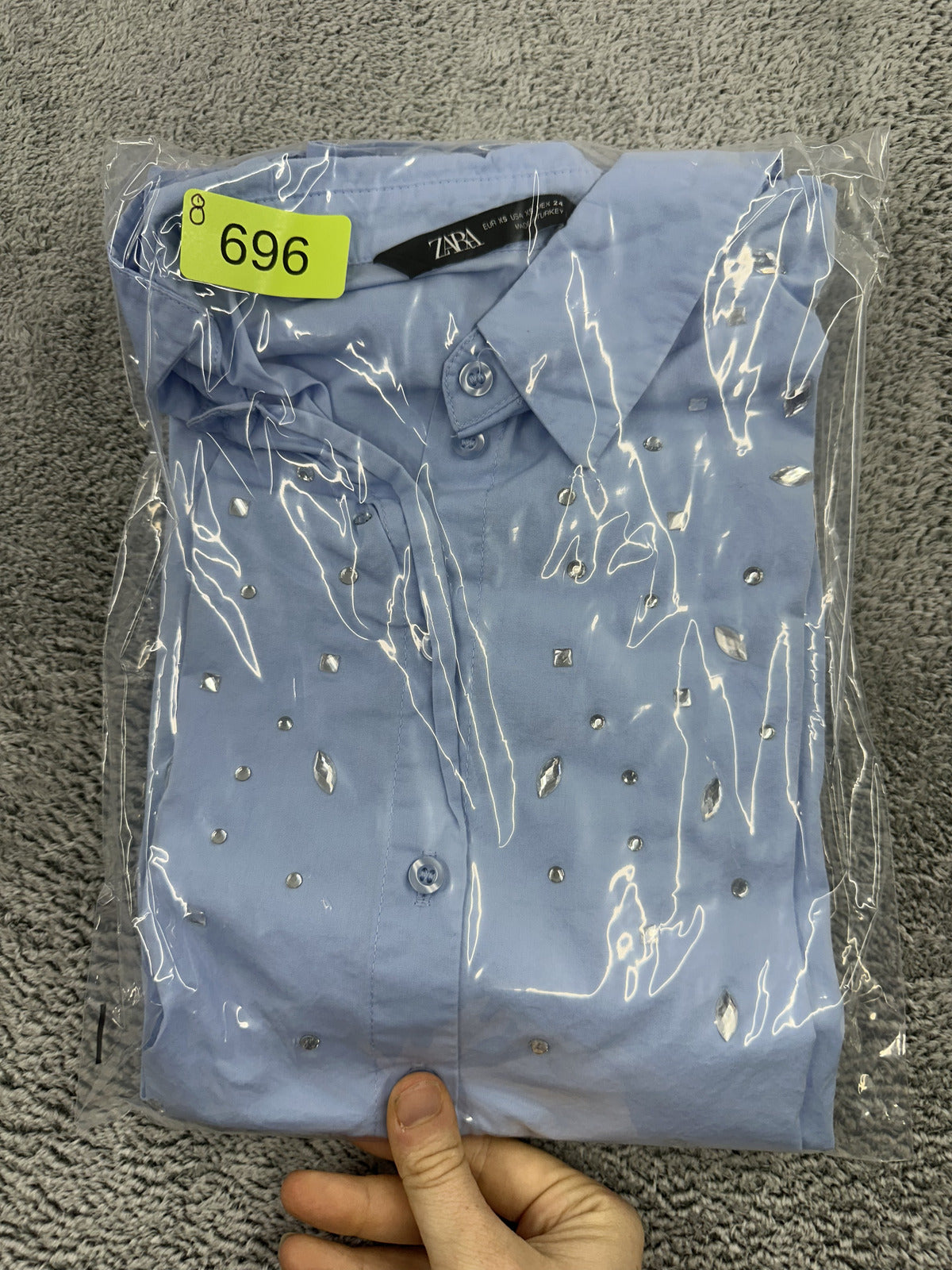 ZARA Light Blue Embellished Button Up Shirt with Silver Sparkle Details