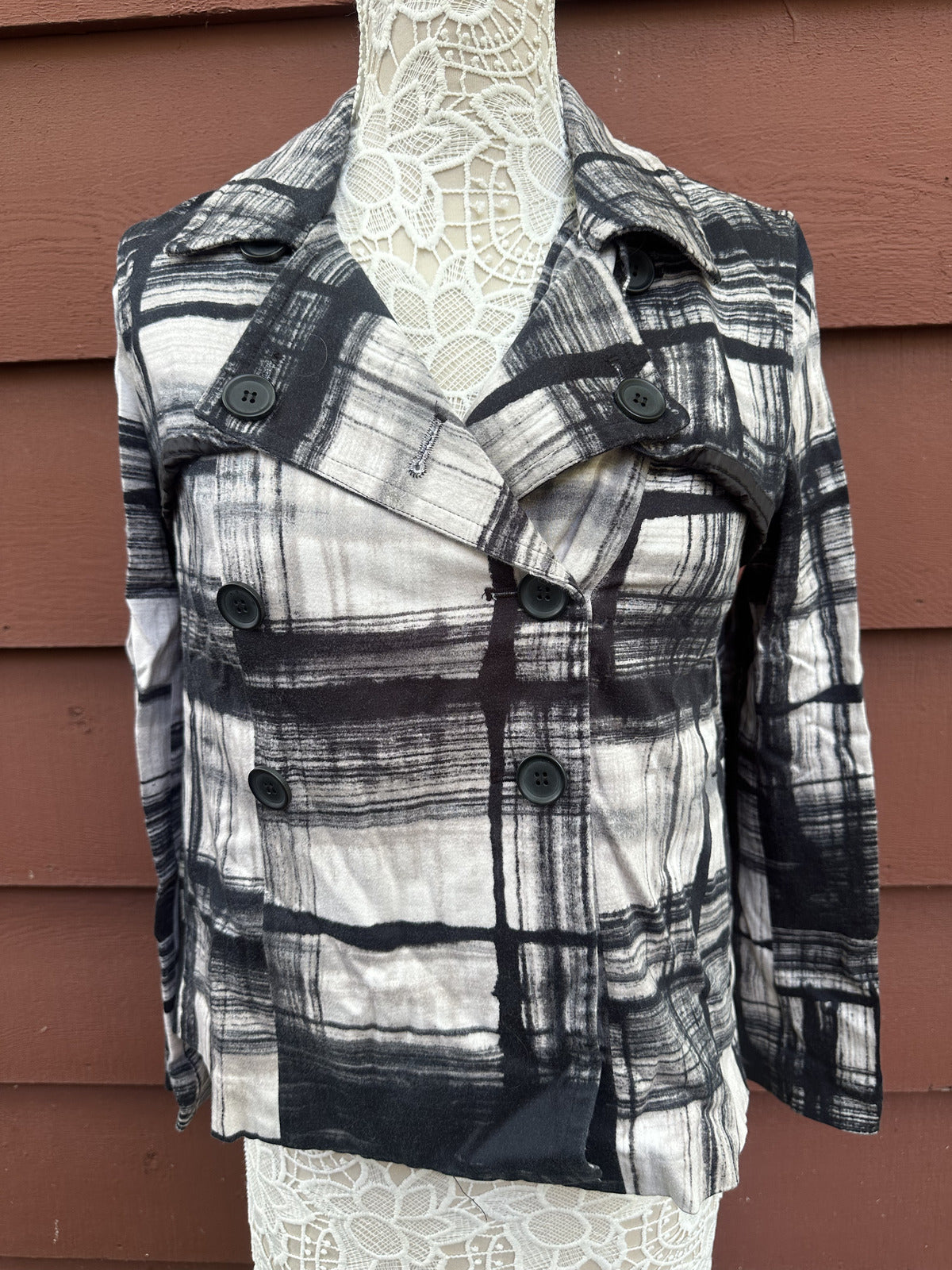 Simply Vera Vera Wang 90s Minimalist Black White Abstract Plaid Double Breasted