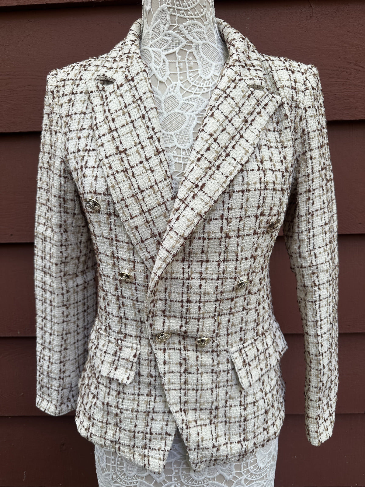 SHEIN Cream and Brown Tweed Double Breasted Blazer with Gold Buttons