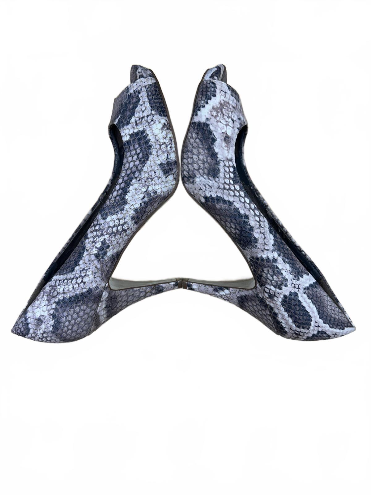 Fergalicious Faux Snakeskin Peep Toe Pumps Gray Black Mid Heel