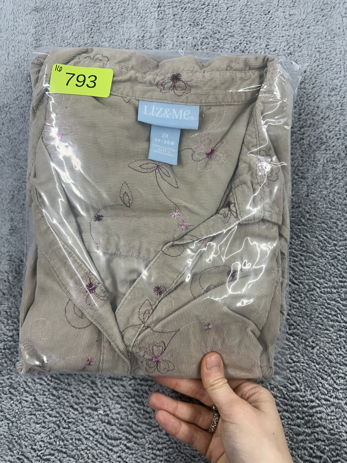 LIZ&ME Embroidered Floral Cotton Button Up Shirt Beige Boho Cottage