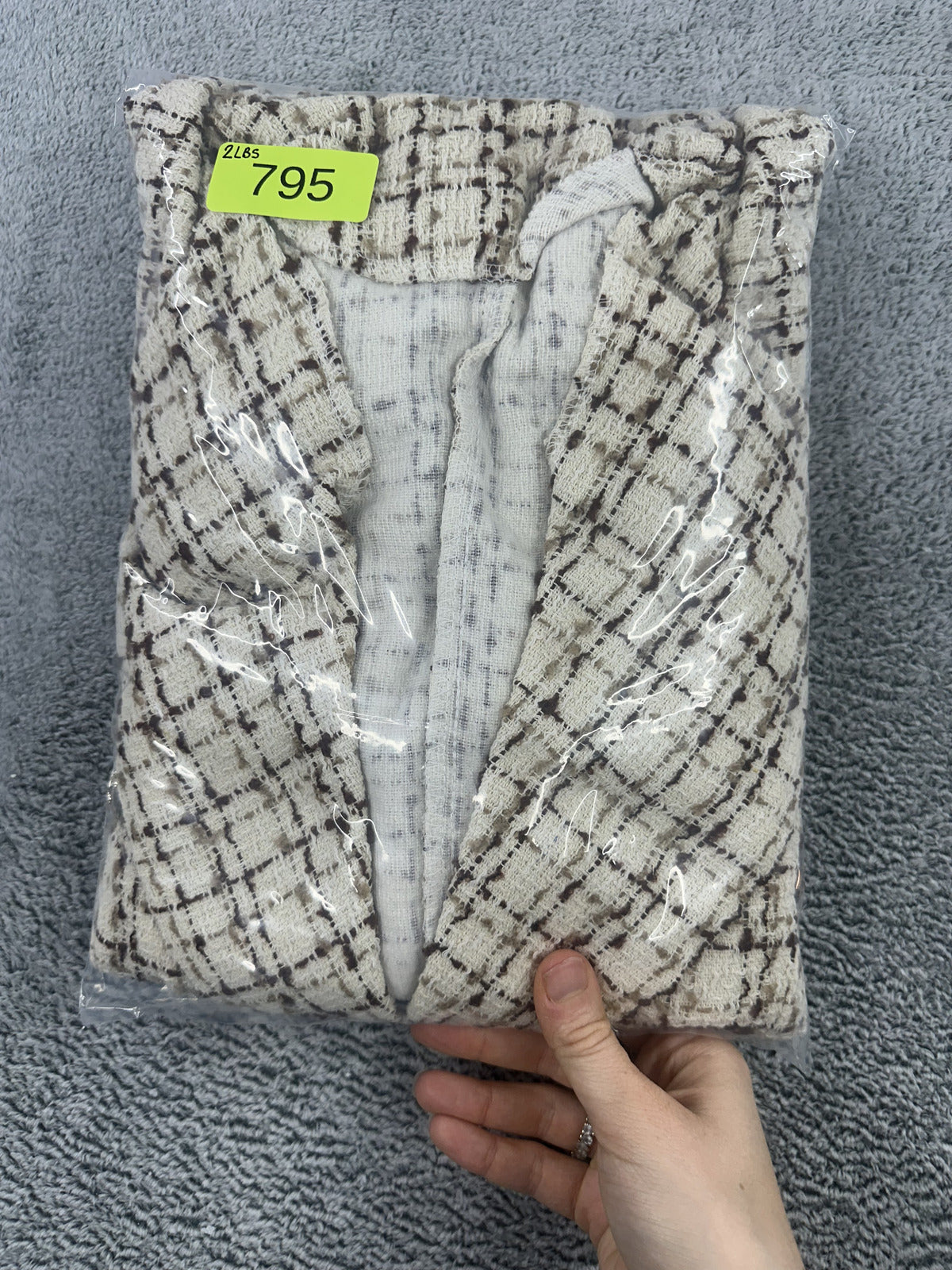 SHEIN Cream and Brown Tweed Double Breasted Blazer with Gold Buttons
