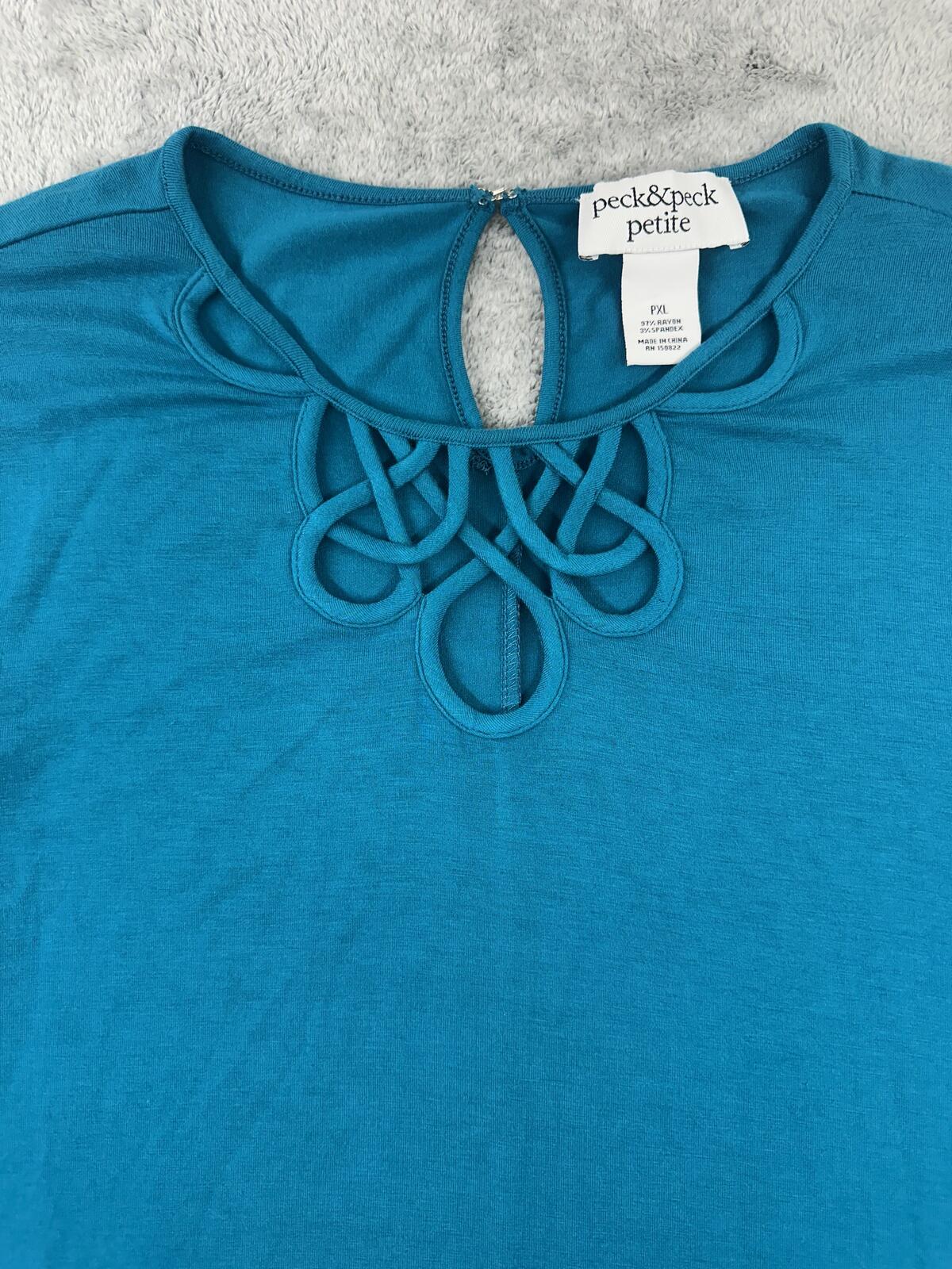 Peck & Peck Teal Blue Cutout Neckline Top Contemporary Minimalist Y2K