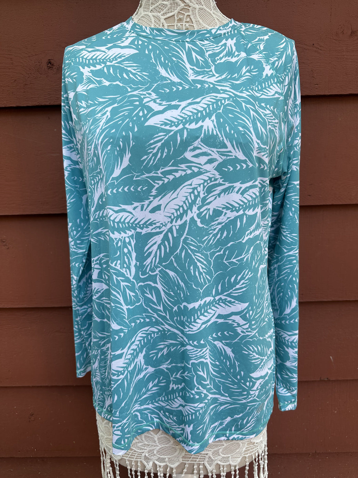 Reel Legends Long Sleeve Swim Shirt Blue Teal Leaf Pattern UPF Sun Shirt