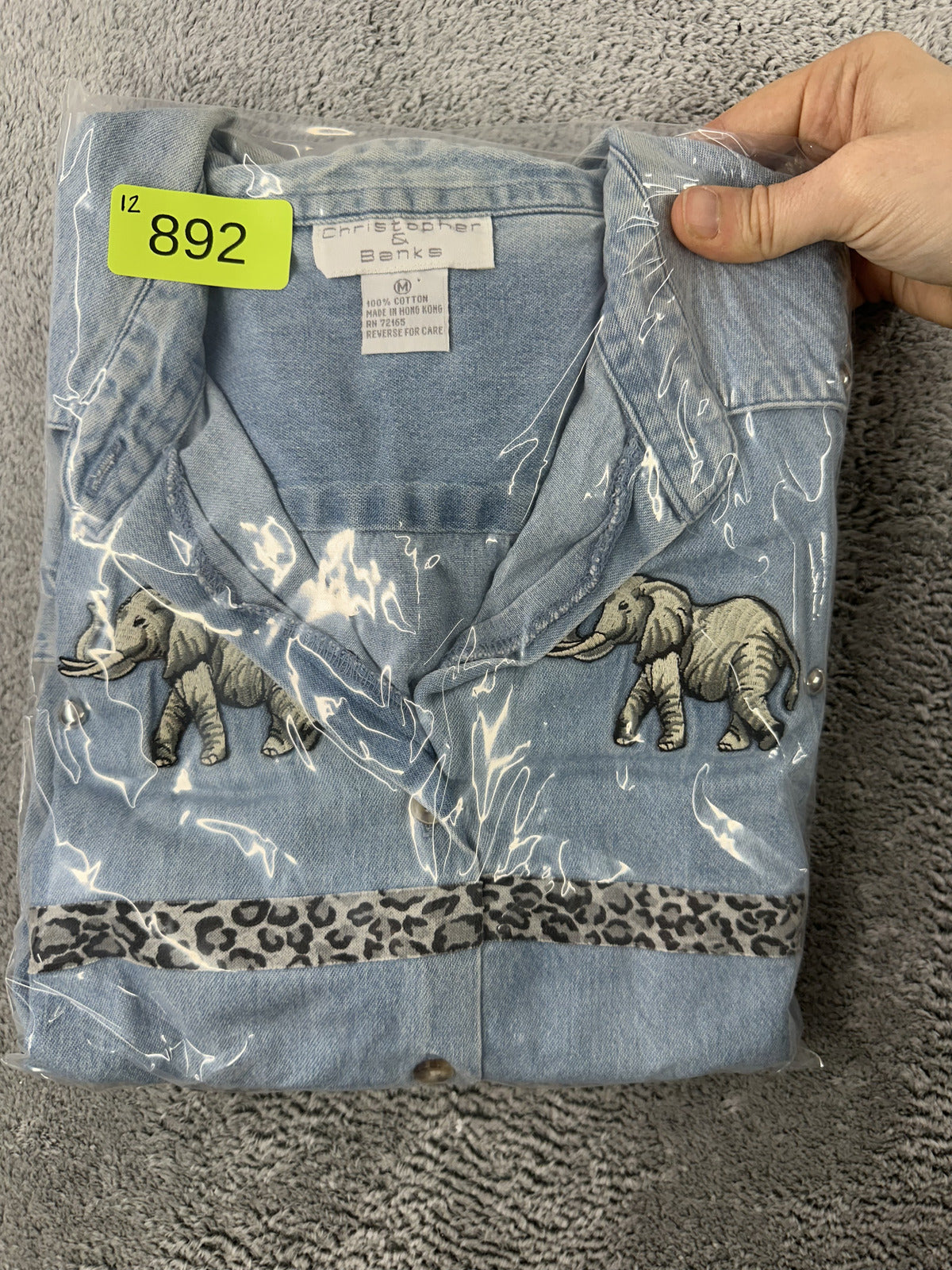 Christopher & Banks Vintage Denim Shirt with Embroidered Elephants Leopard Trim