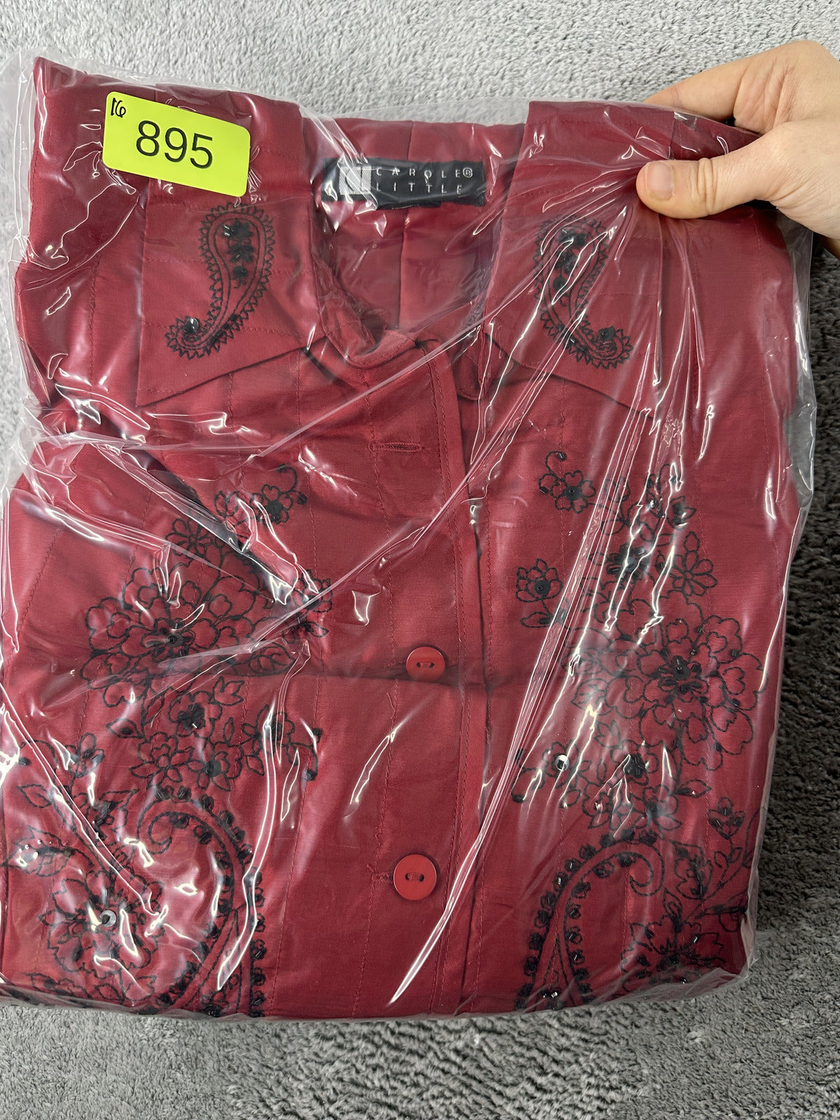 Carole Little Vintage Red Quilted Silk Jacket with Black Floral Embroidery