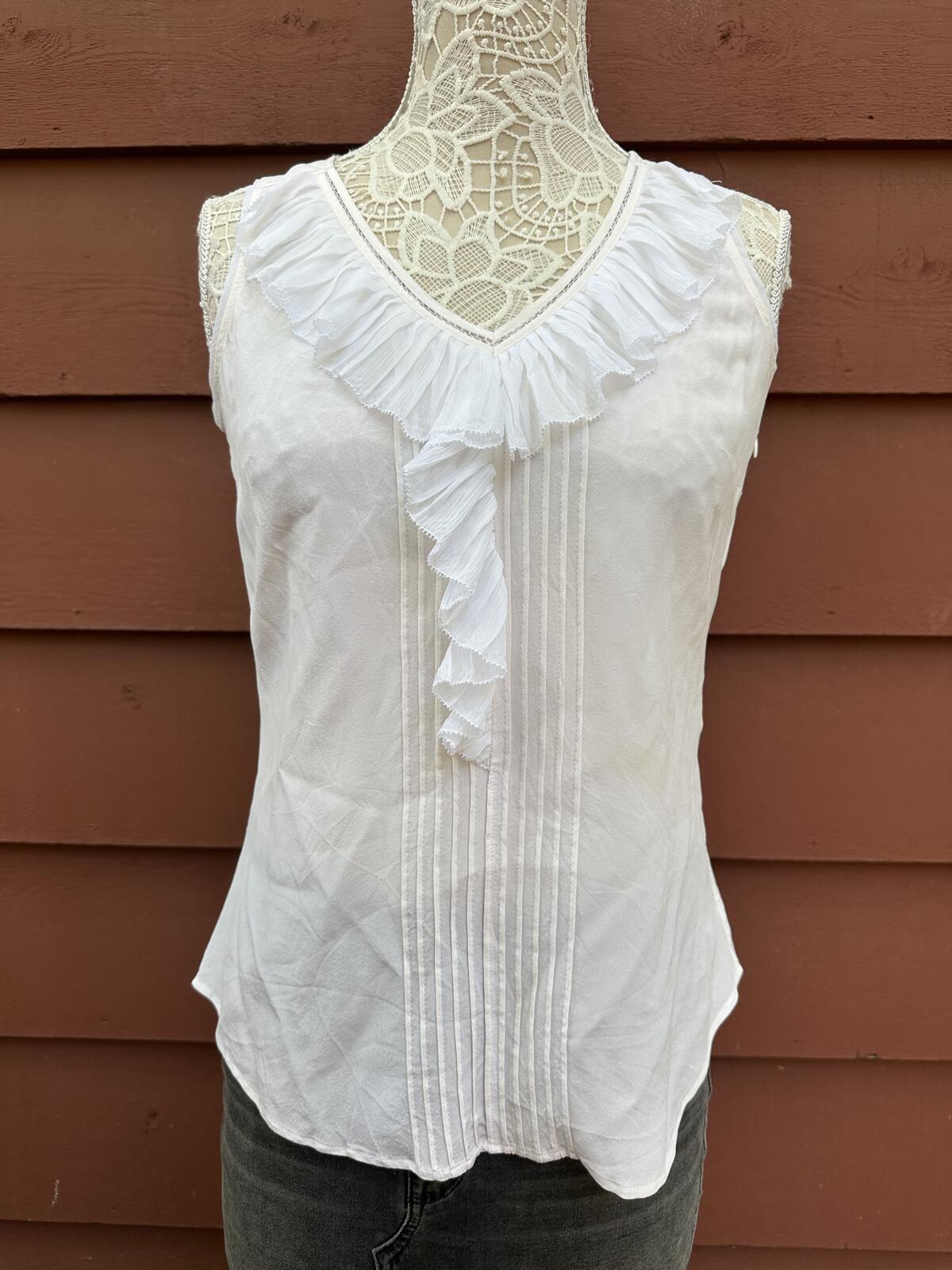 WHBM White House Black Market White Ruffle Trim Sleeveless Blouse