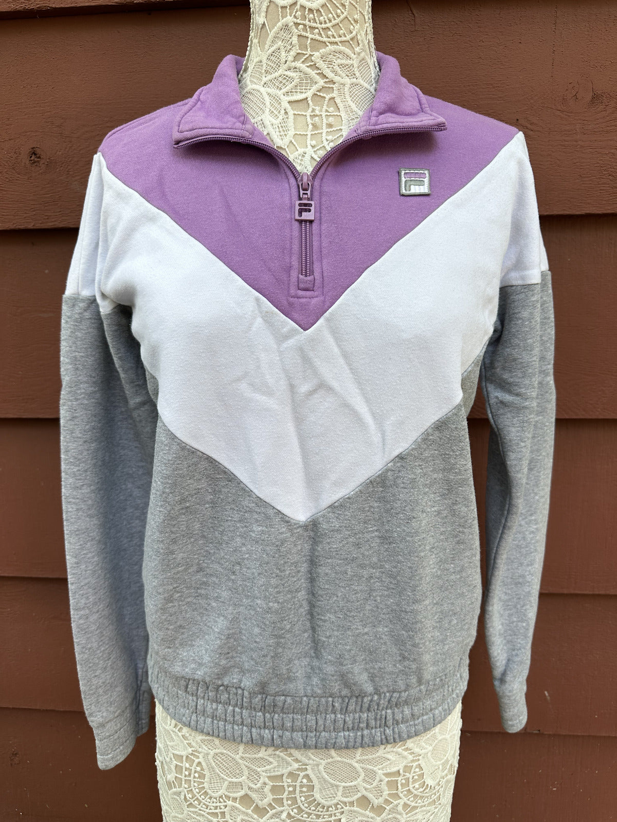 Fila Quarter Zip Pullover Sweatshirt Purple White Grey Colorblock Retro