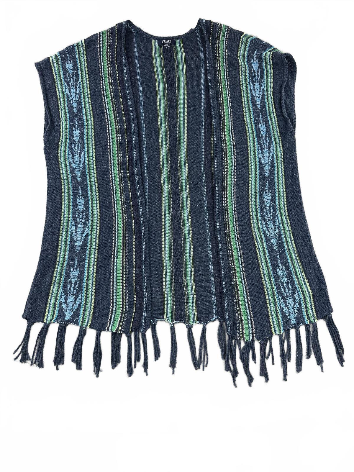 Chaps Vintage Striped Knit Poncho with Fringe Navy Green Bohemian Fall