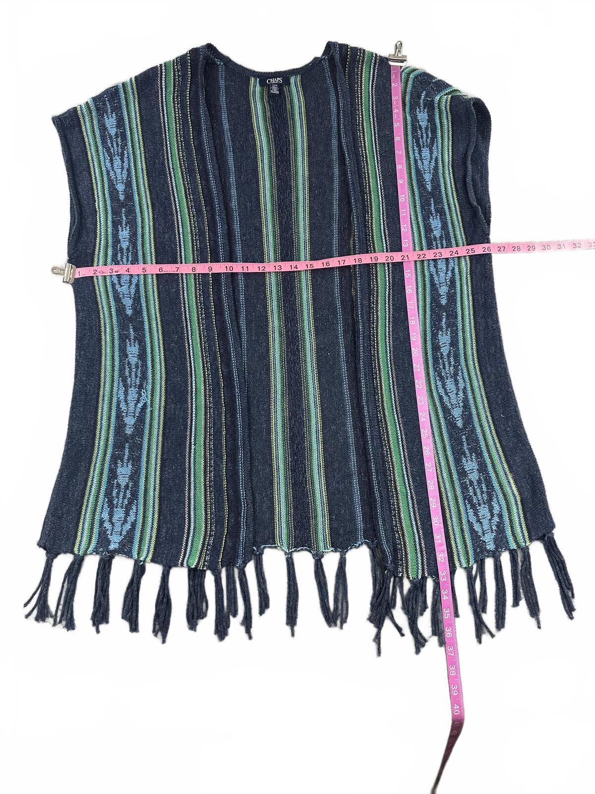 Chaps Vintage Striped Knit Poncho with Fringe Navy Green Bohemian Fall
