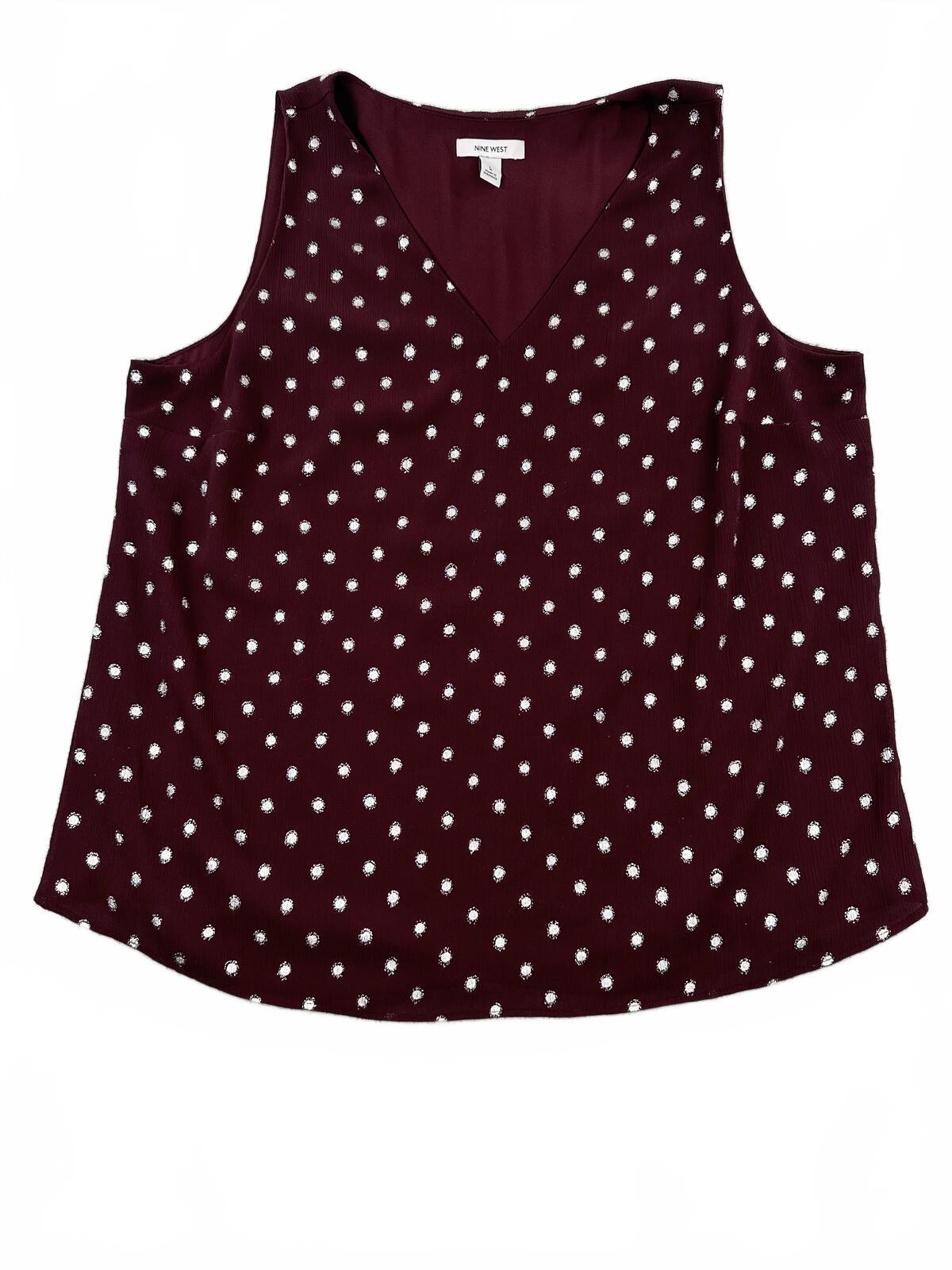 Nine West Burgundy Polka Dot Sleeveless V Neck Tank Top Casual Minimalist