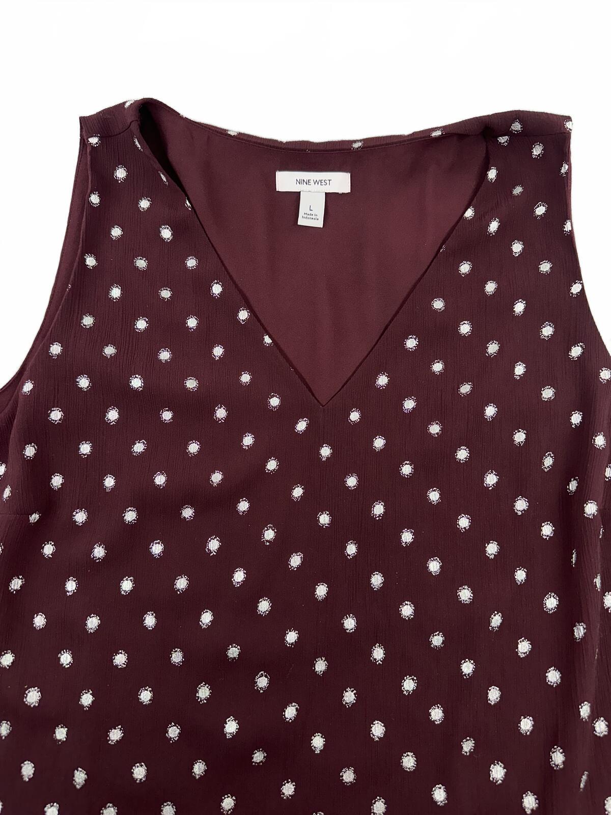 Nine West Burgundy Polka Dot Sleeveless V Neck Tank Top Casual Minimalist