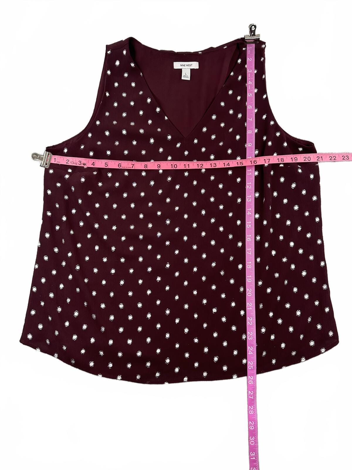 Nine West Burgundy Polka Dot Sleeveless V Neck Tank Top Casual Minimalist