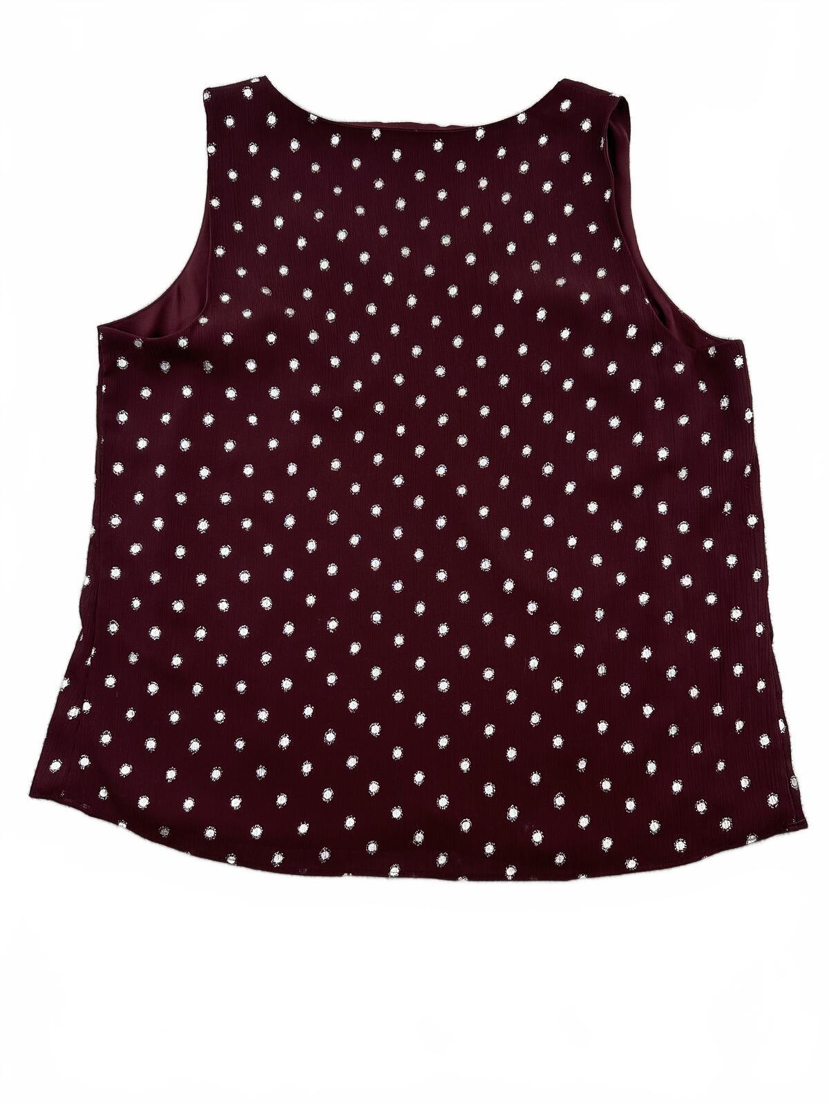 Nine West Burgundy Polka Dot Sleeveless V Neck Tank Top Casual Minimalist
