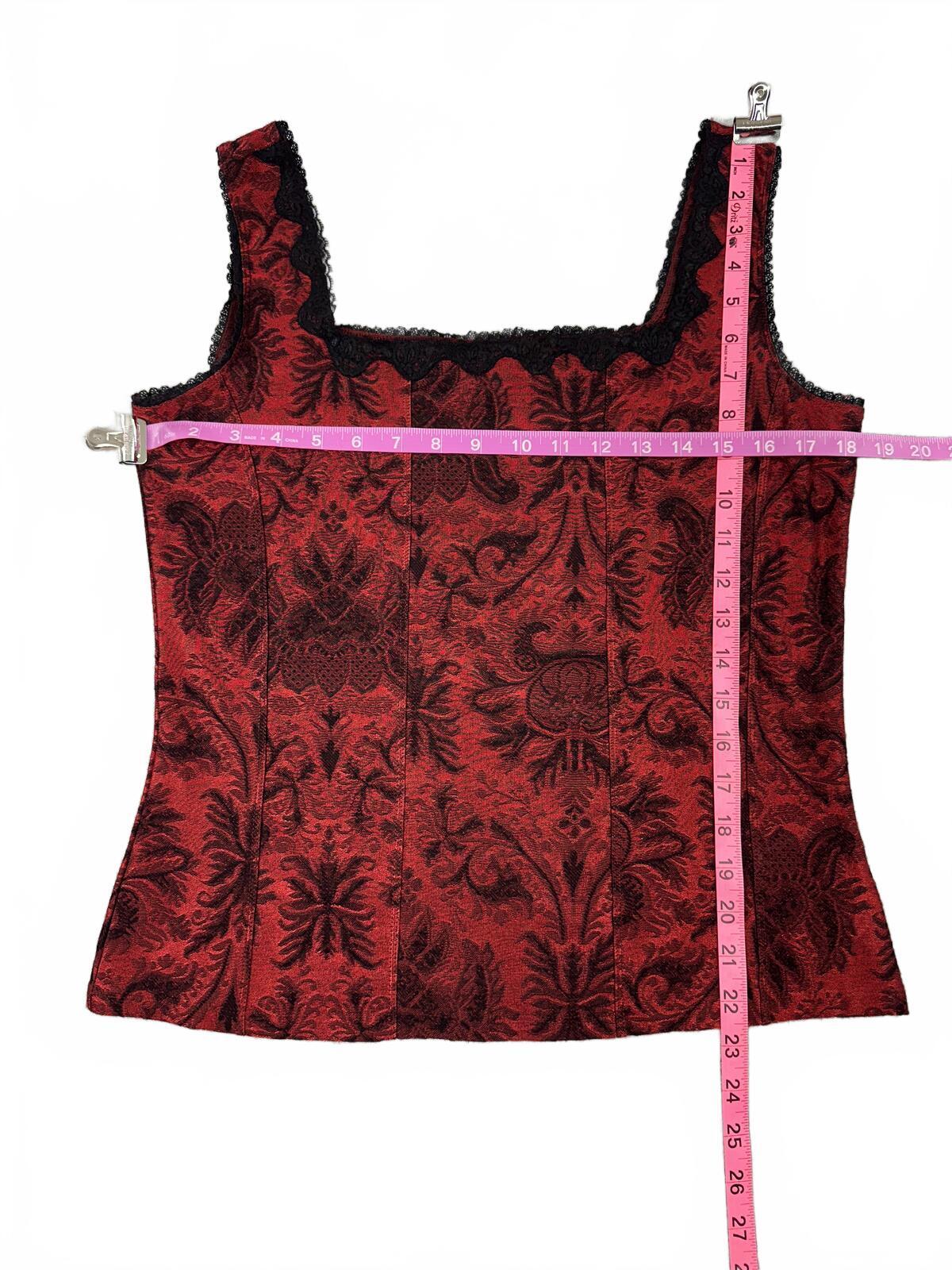 Coldwater Creek Red Brocade Sleeveless Top with Black Lace Trim