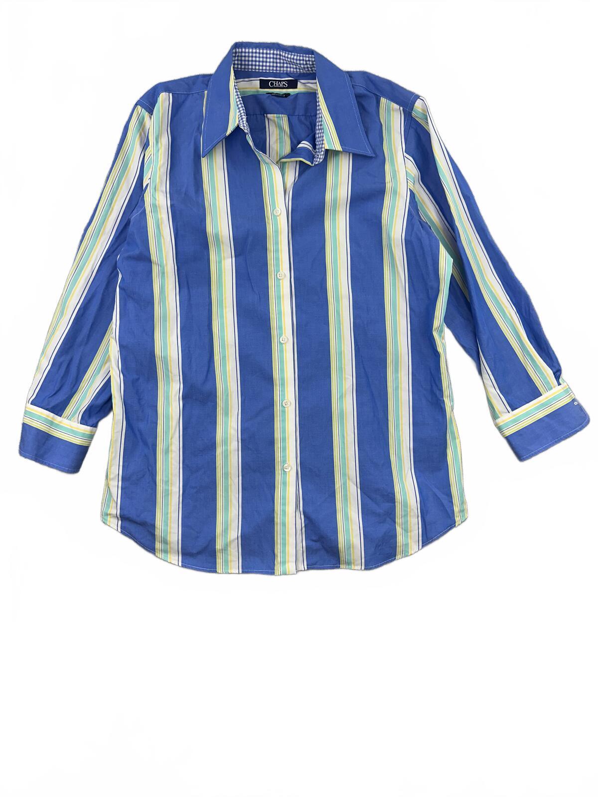 Chaps Vintage 70s Inspired Blue Cream Green Striped Button Up Shirt