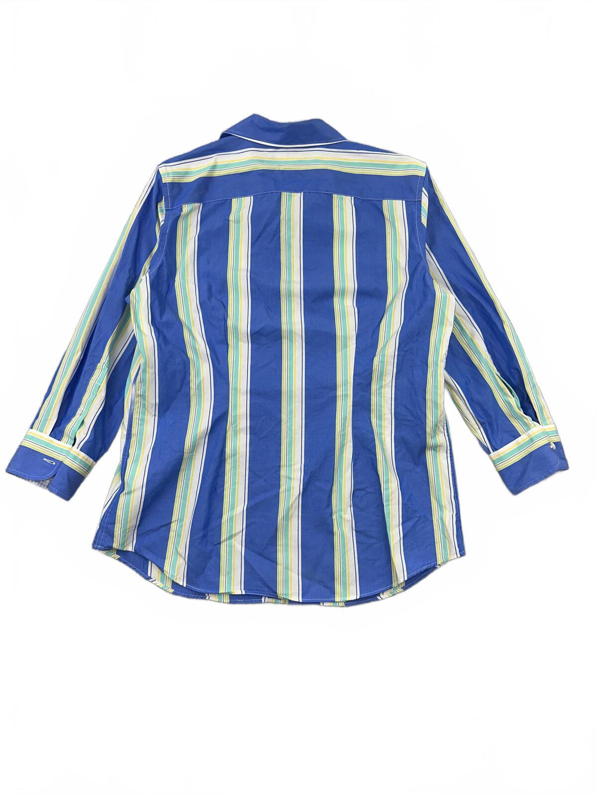Chaps Vintage 70s Inspired Blue Cream Green Striped Button Up Shirt