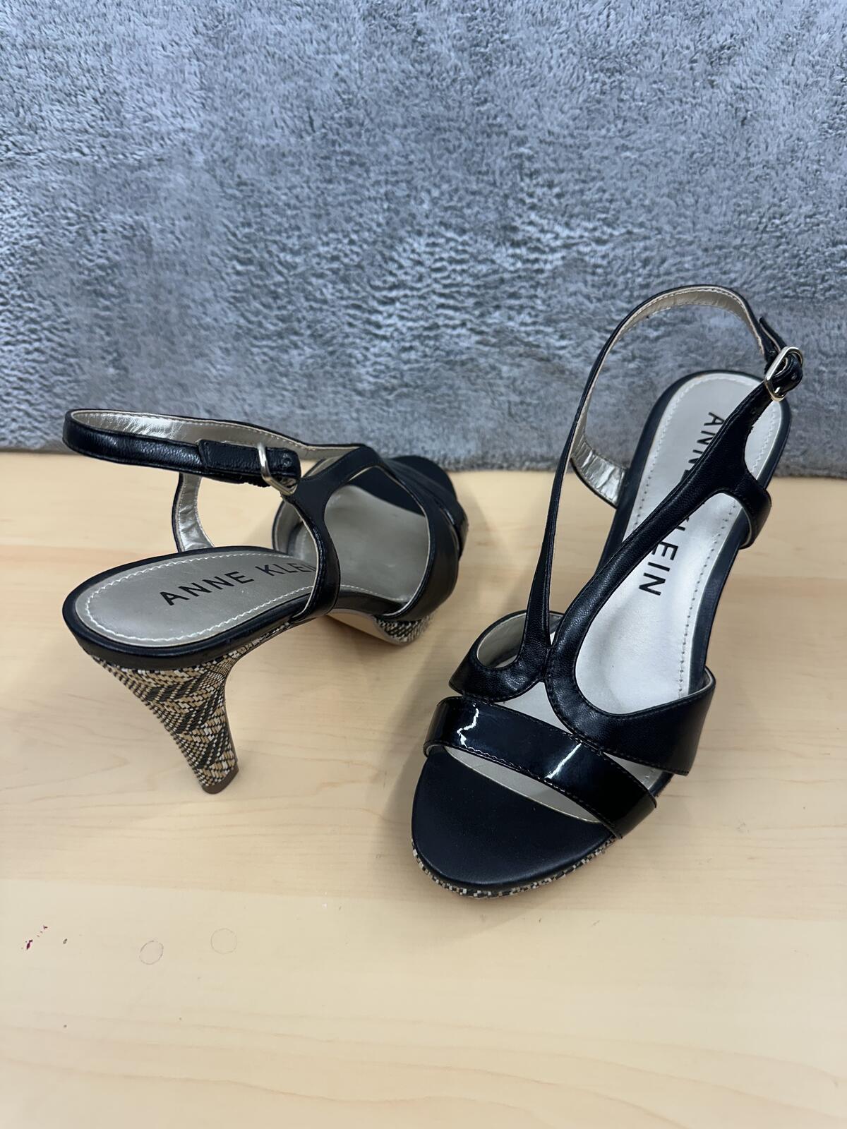 Anne Klein Black Patent Leather Slingback Heels with Snake Print Detail