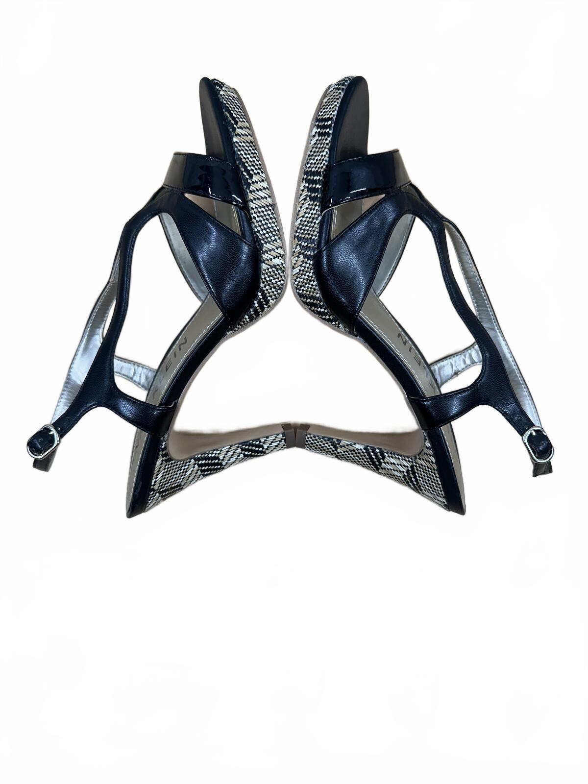 Anne Klein Black Patent Leather Slingback Heels with Snake Print Detail