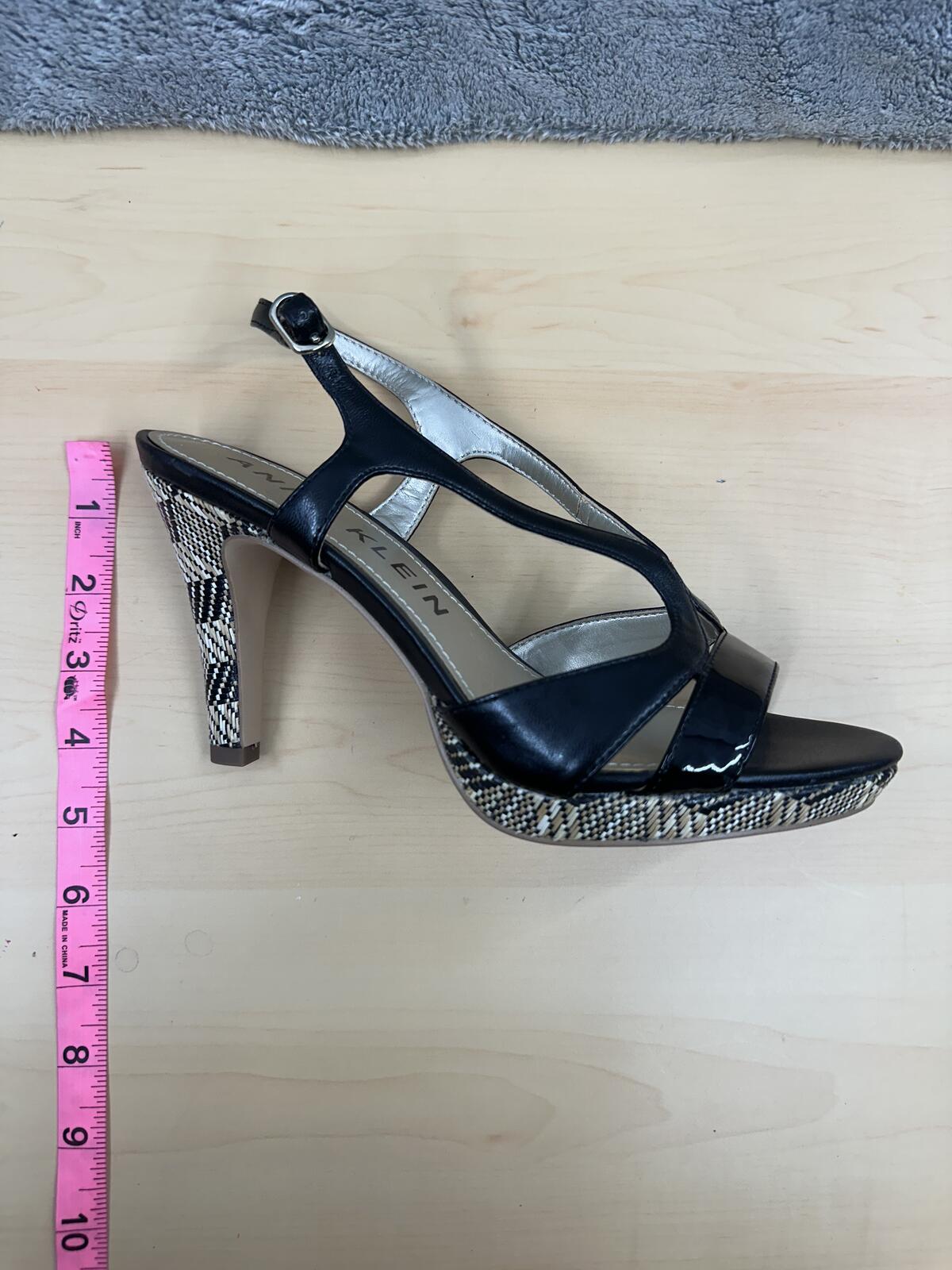 Anne Klein Black Patent Leather Slingback Heels with Snake Print Detail