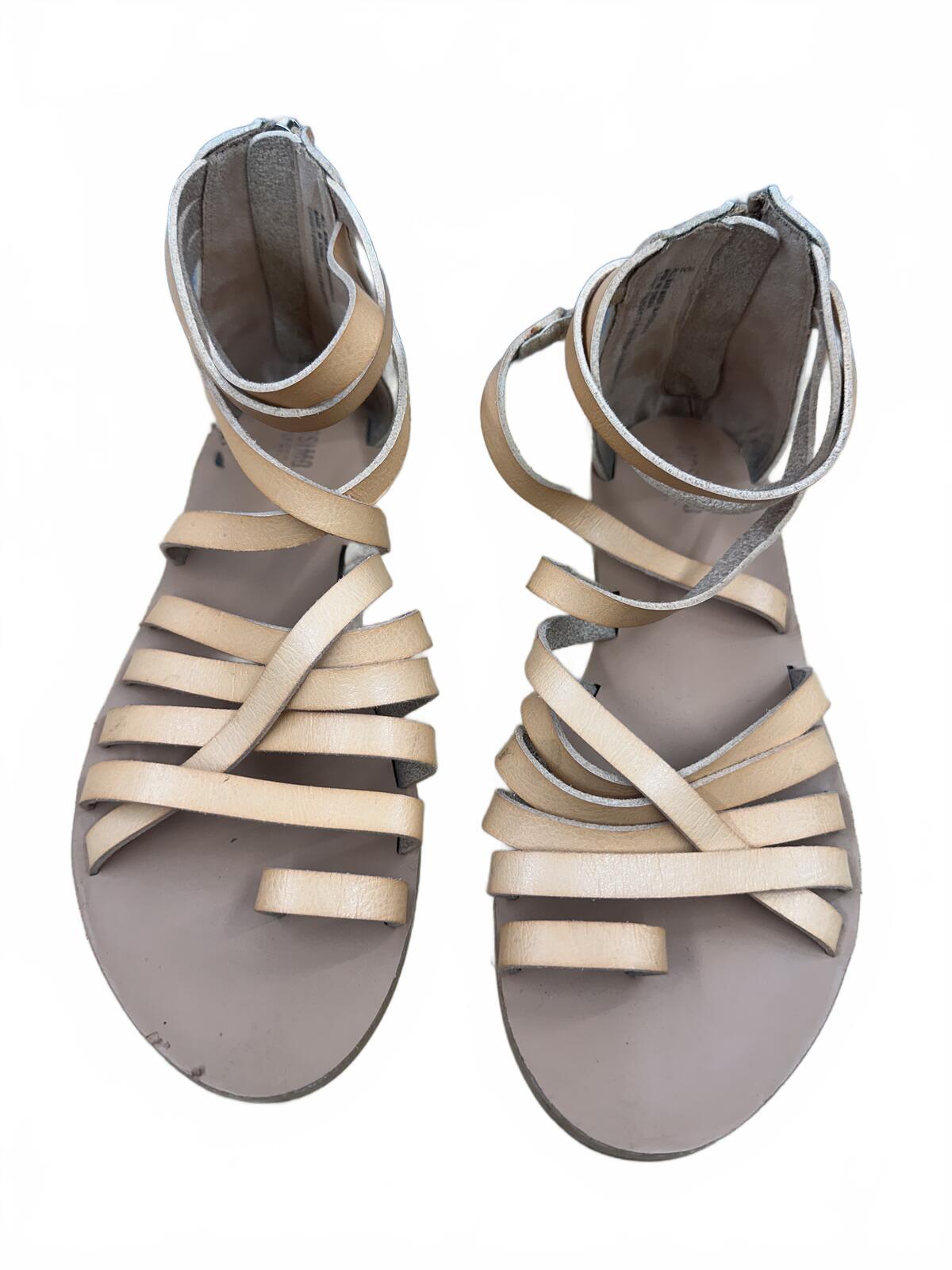 Nude Gladiator Sandals Beige Tan Flat Strappy Back Zipper Boho Casual