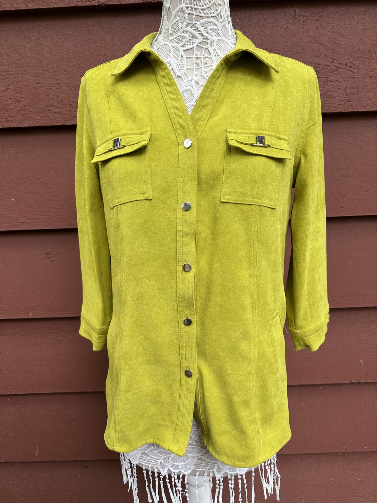 JM Collection Chartreuse Green Faux Suede Shacket Bohemian Retro