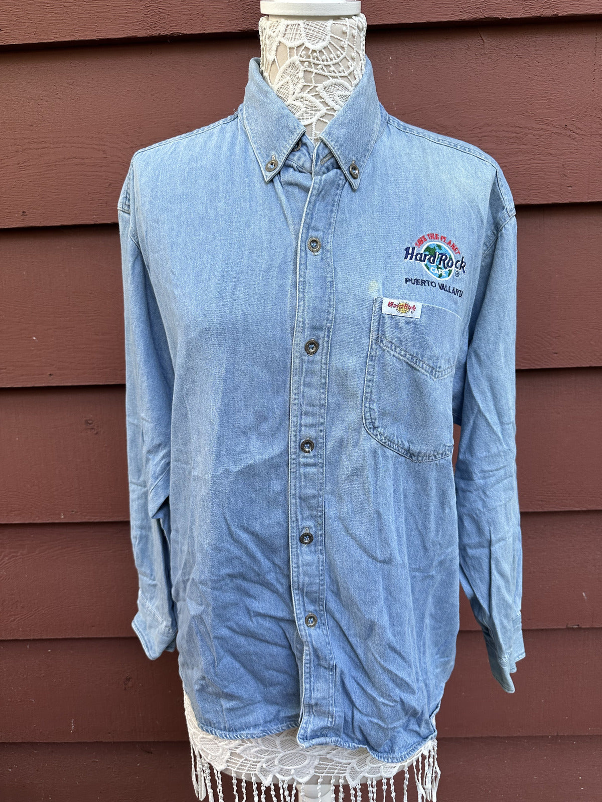 Hard Rock Cafe Vintage 90s Denim Shirt Puerto Vallarta Save the Planet