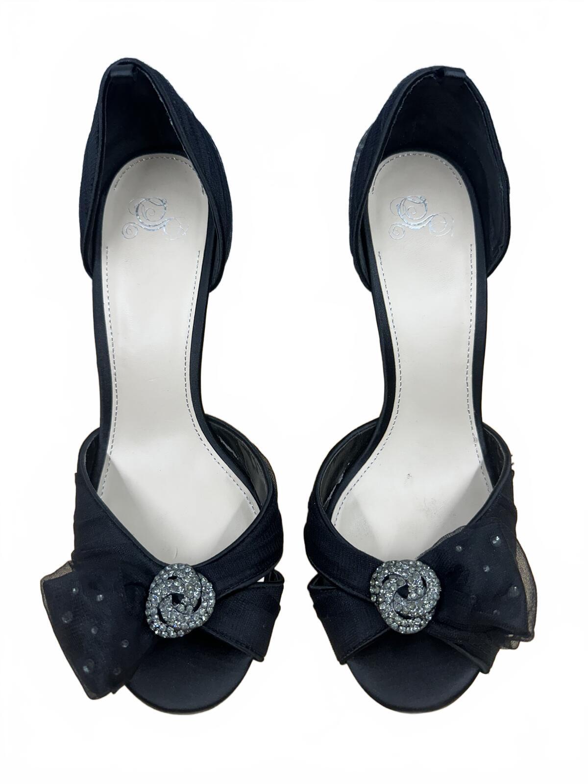 Elegant Black Open Toe Heels with Rhinestone Bow Accent Classic Glam