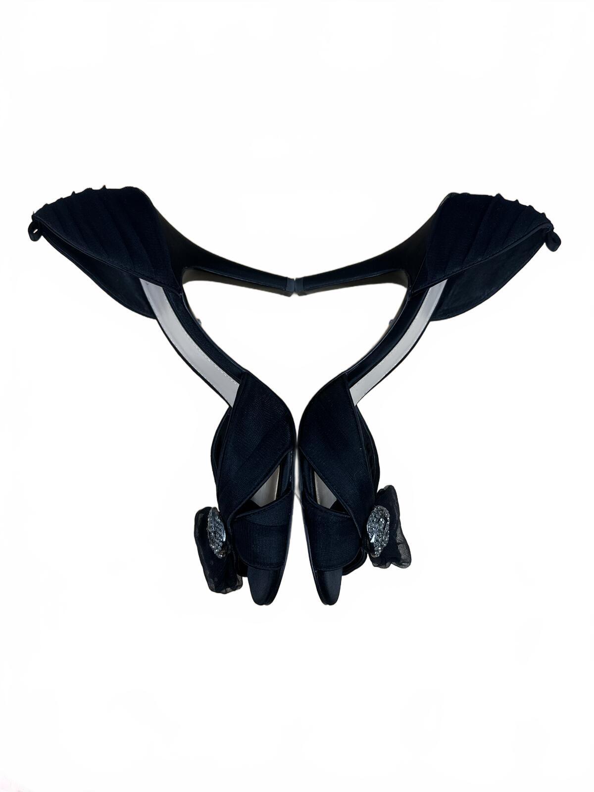 Elegant Black Open Toe Heels with Rhinestone Bow Accent Classic Glam