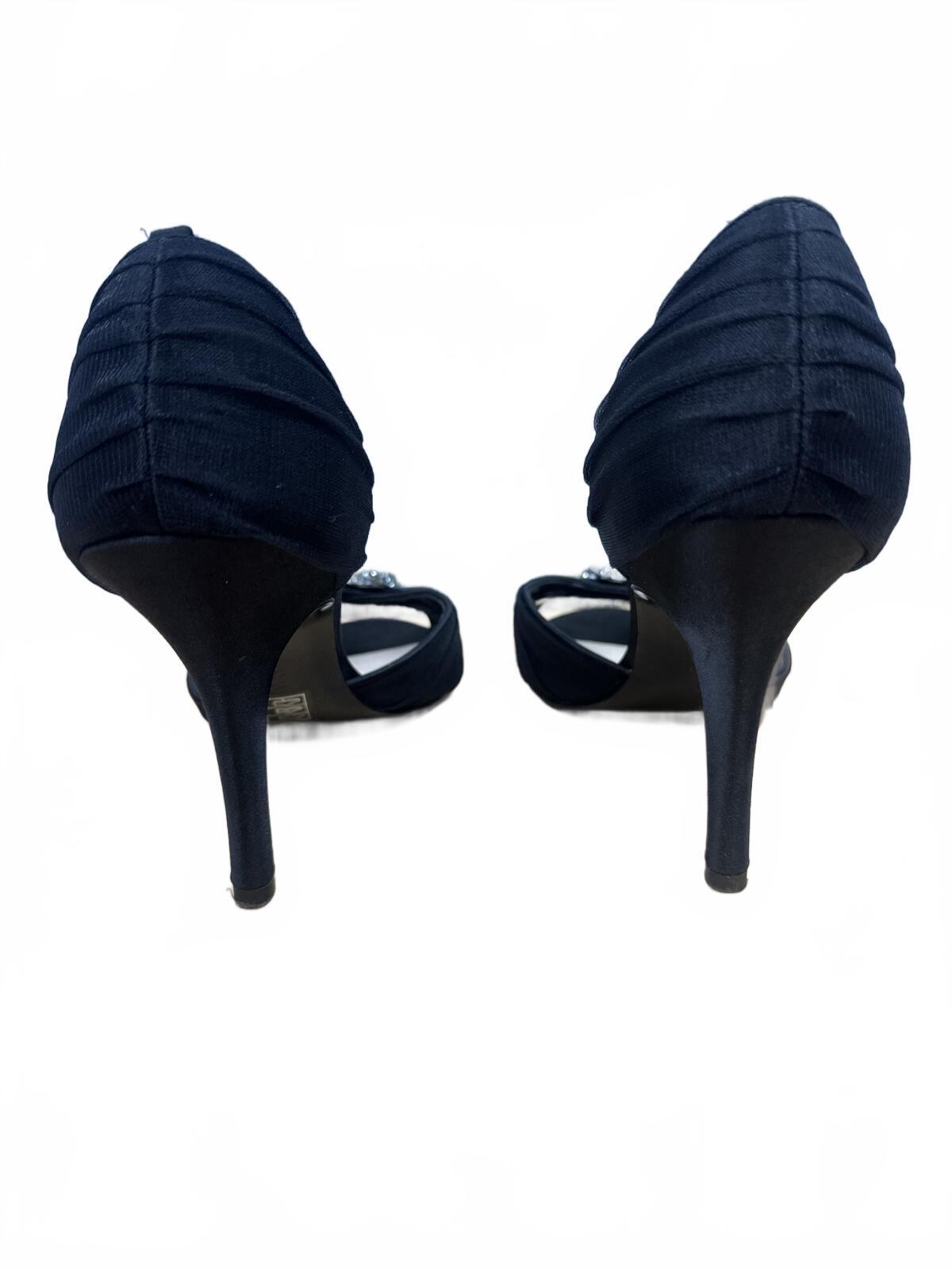 Elegant Black Open Toe Heels with Rhinestone Bow Accent Classic Glam