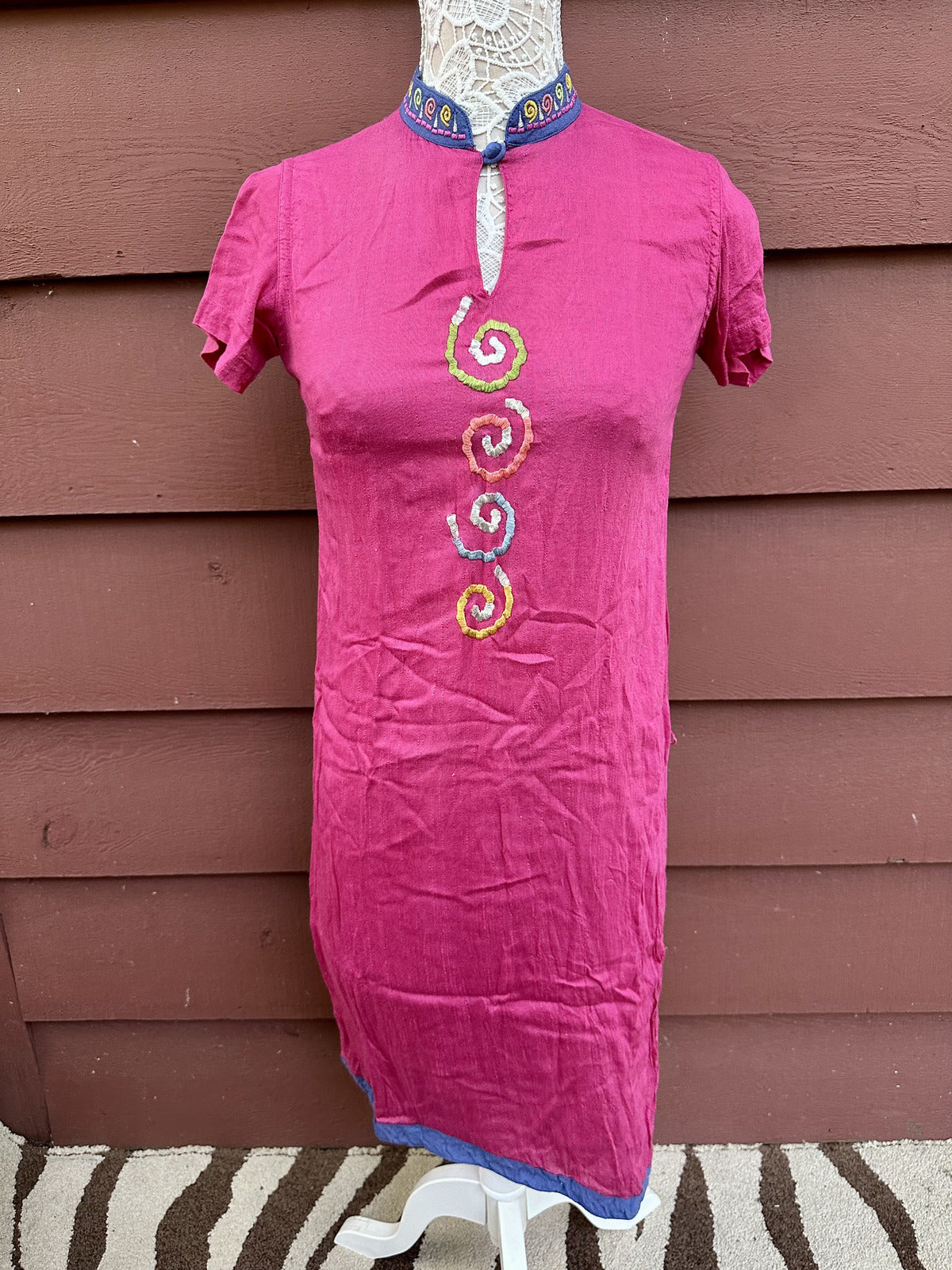Elements Vintage Embroidered Bohemian Dress with Mandarin Collar Pink Blue