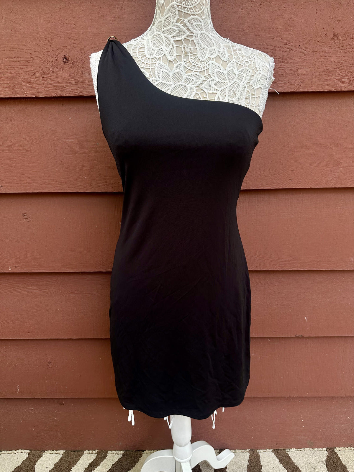 NWT Express One Shoulder Mini Dress Black with Gold Ring Detail