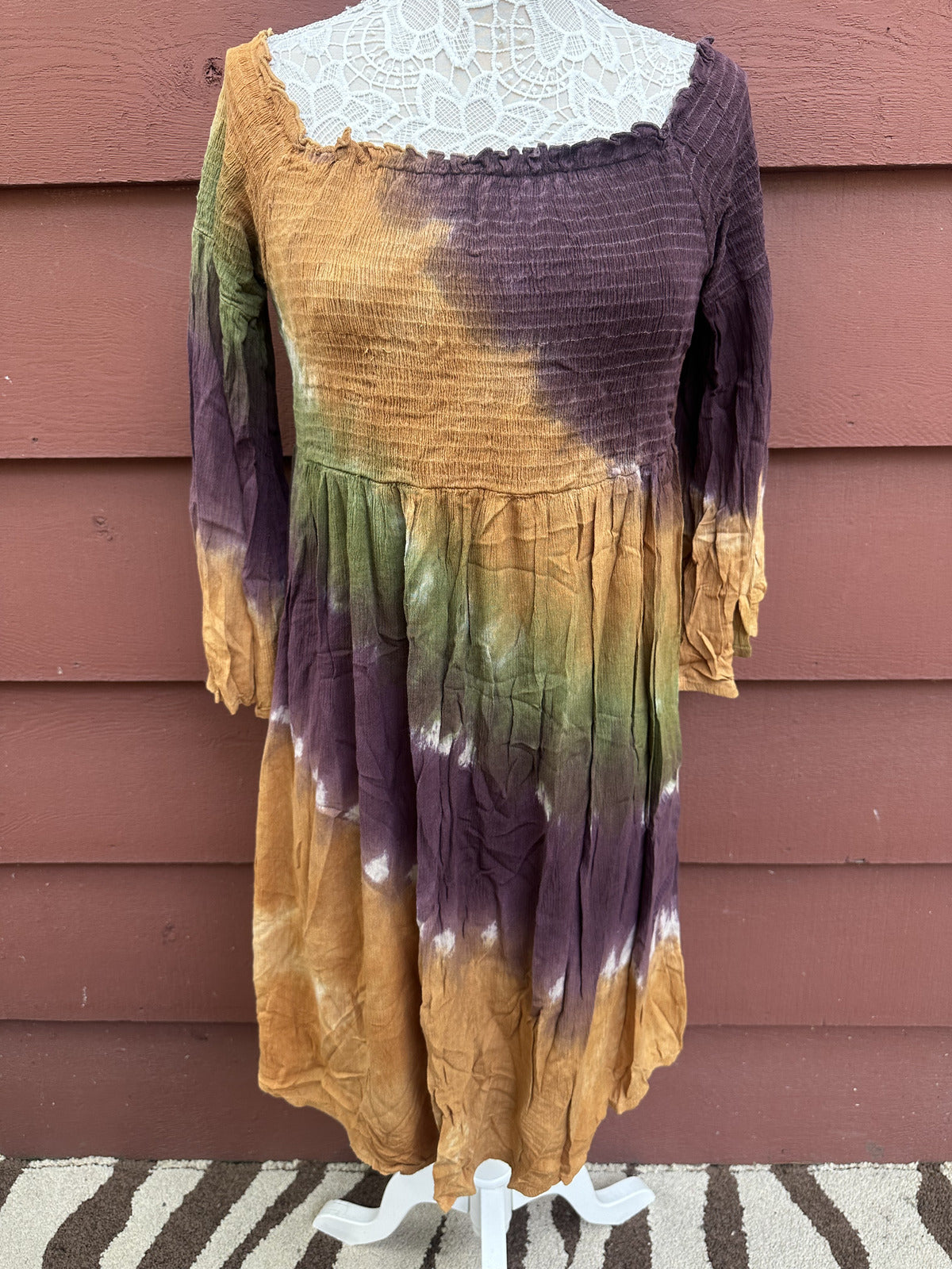 Tie Dye Off The Shoulder Smocked Mini Dress Bohemian Indie Fairycore