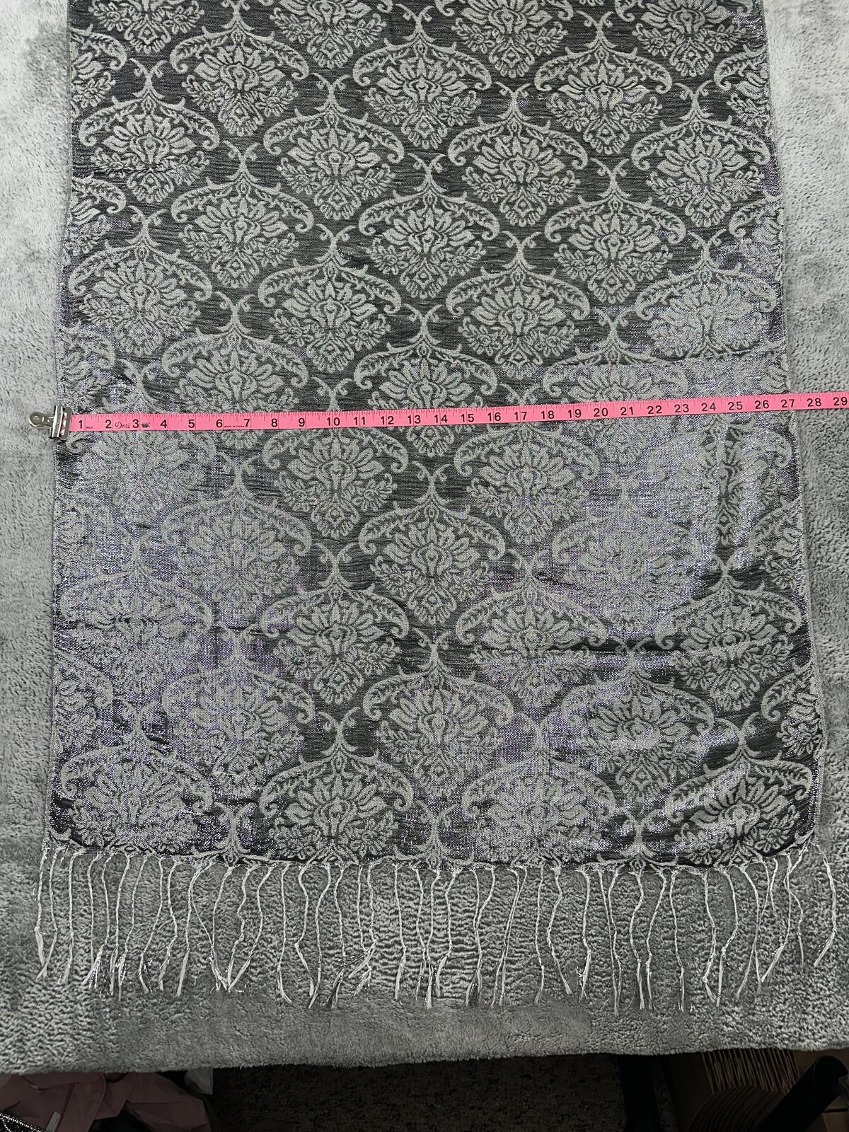 Gray Damask Pattern Scarf with Fringe