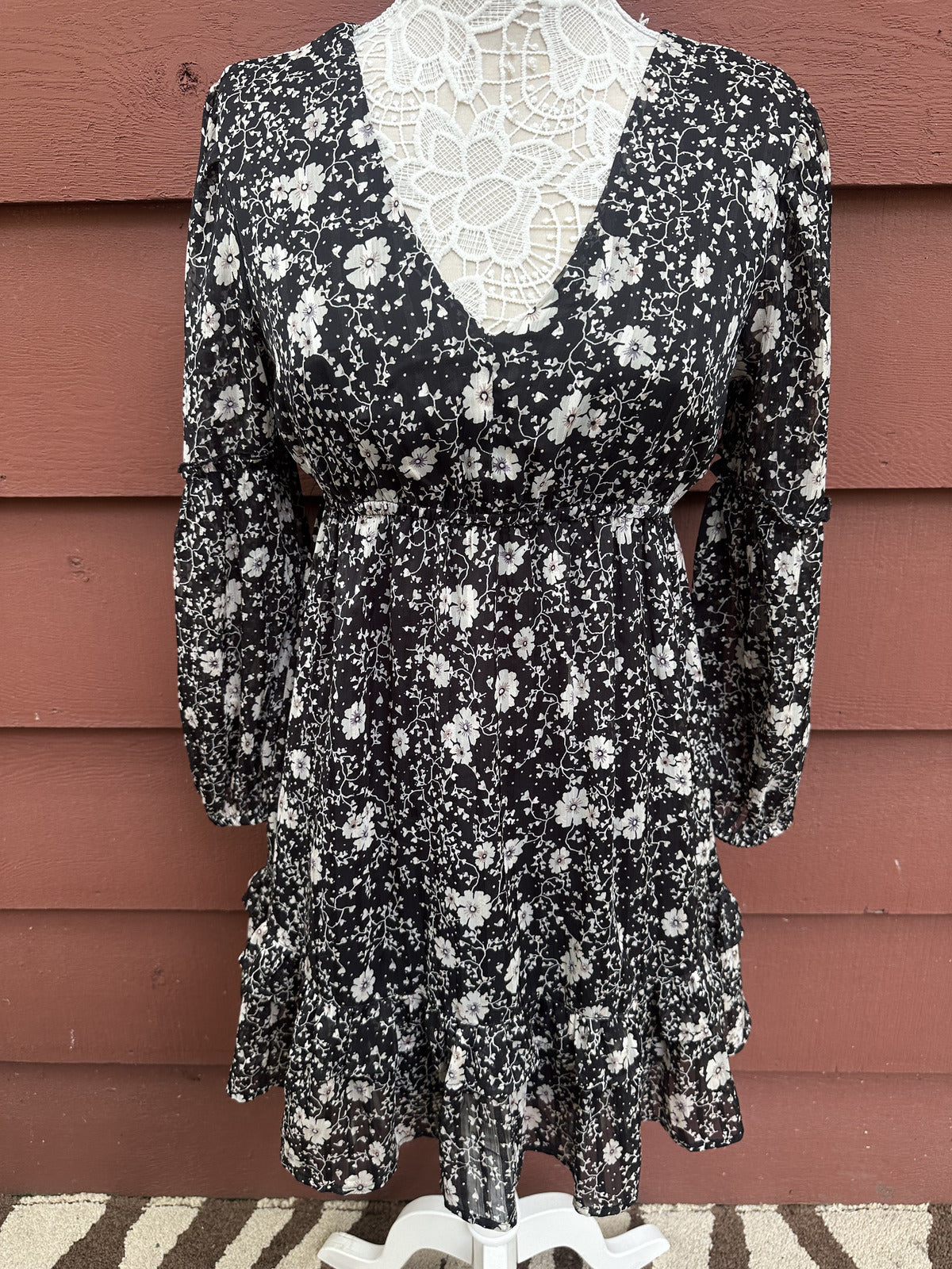 And Now This Black White Floral Fit Flare Ruffle Dress Bohemian Cottage