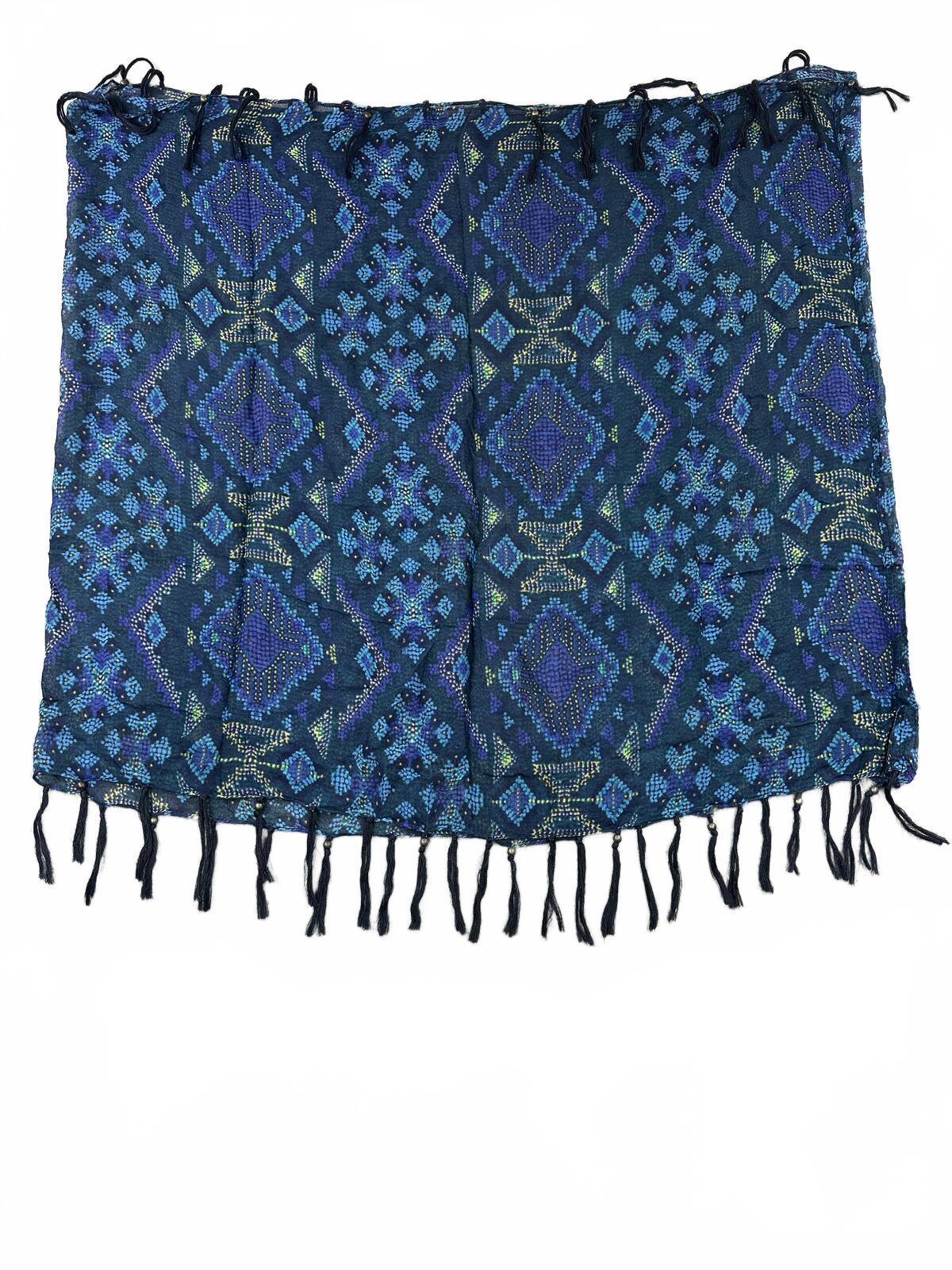 Bohemian Navy Blue Patterned Infinity Scarf with Fringe