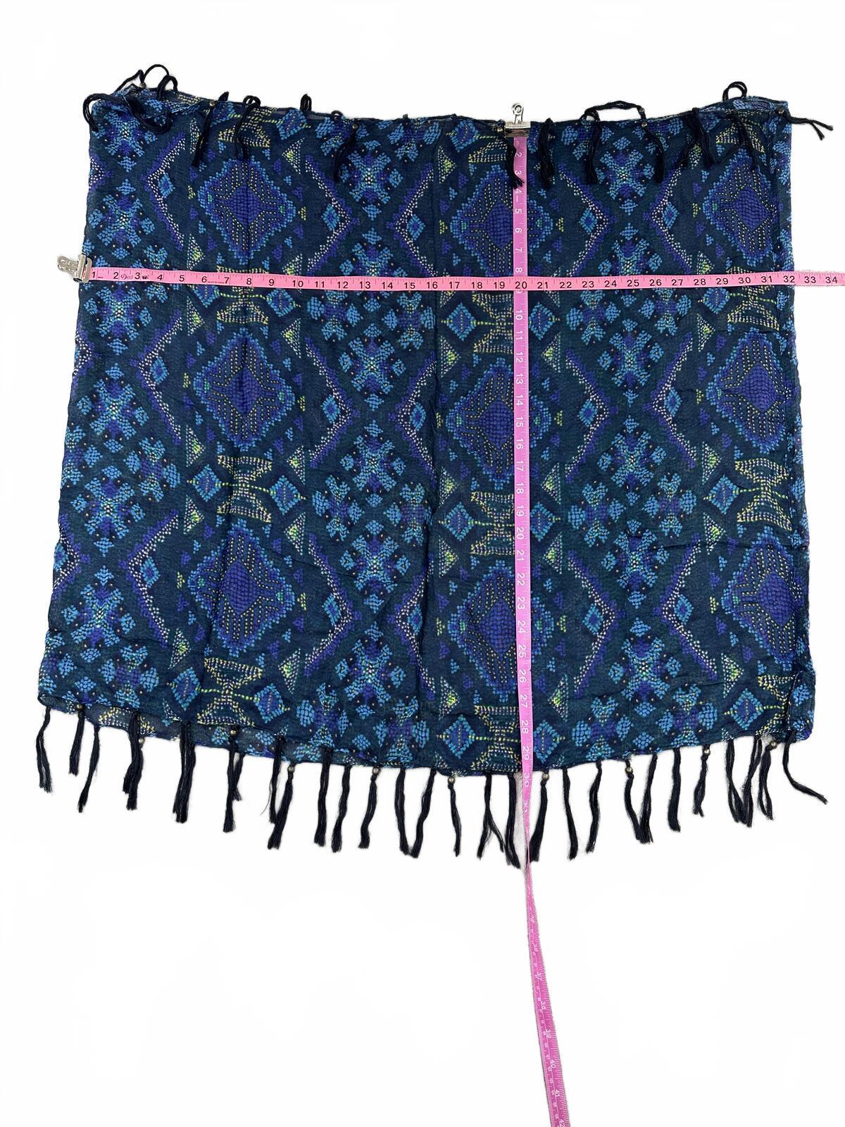 Bohemian Navy Blue Patterned Infinity Scarf with Fringe