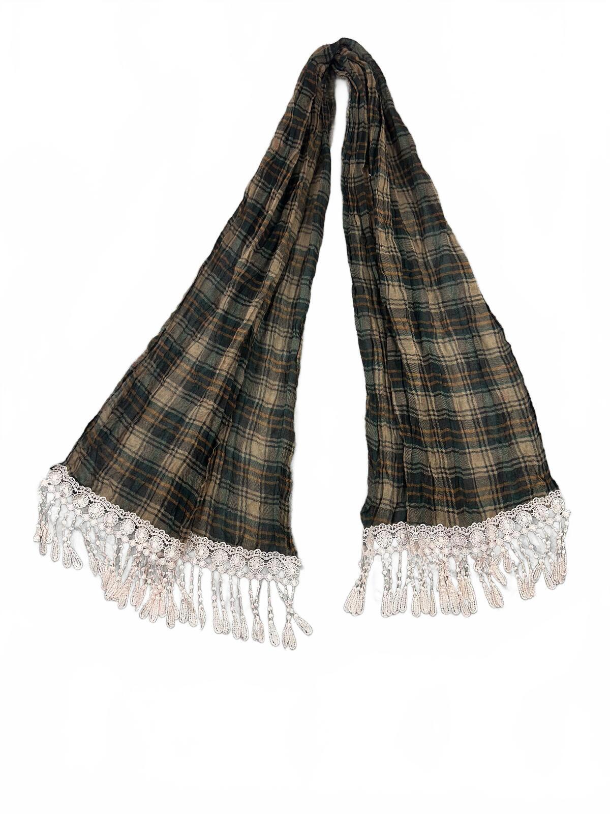 Plaid Scarf with Crochet Fringe