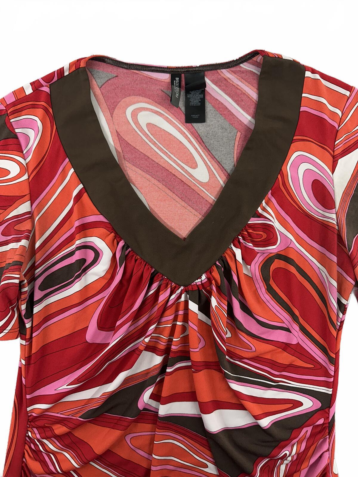 BISOU BISOU Vintage 70s Inspired Red Brown Abstract Swirl Print Mini Dress