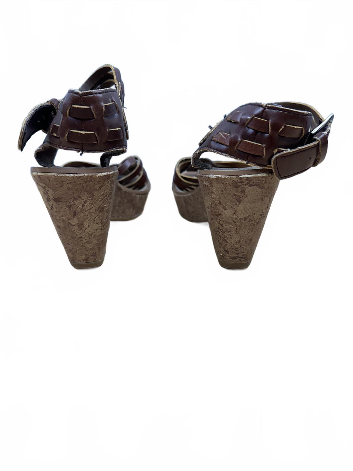 American Eagle Brown Leather Woven Wedge Sandals Boho Vintage Style