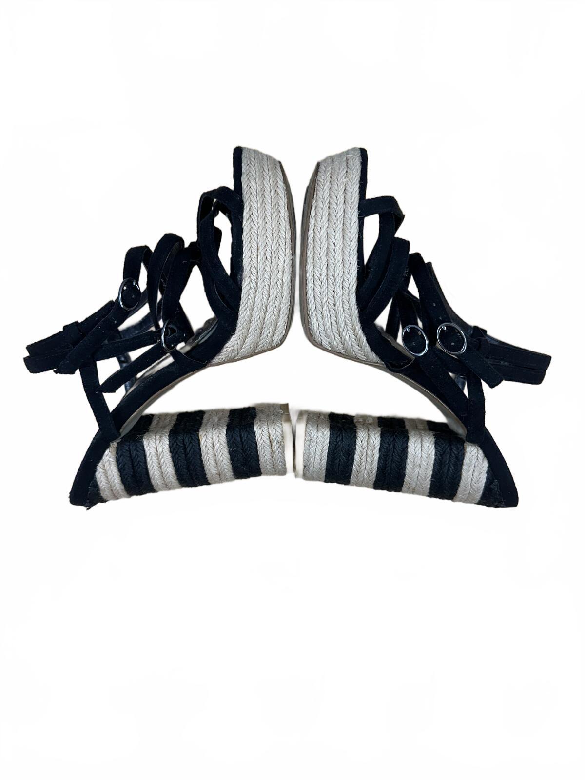Lulu Townsend Black Strappy Espadrille Heels with Striped Block Heel
