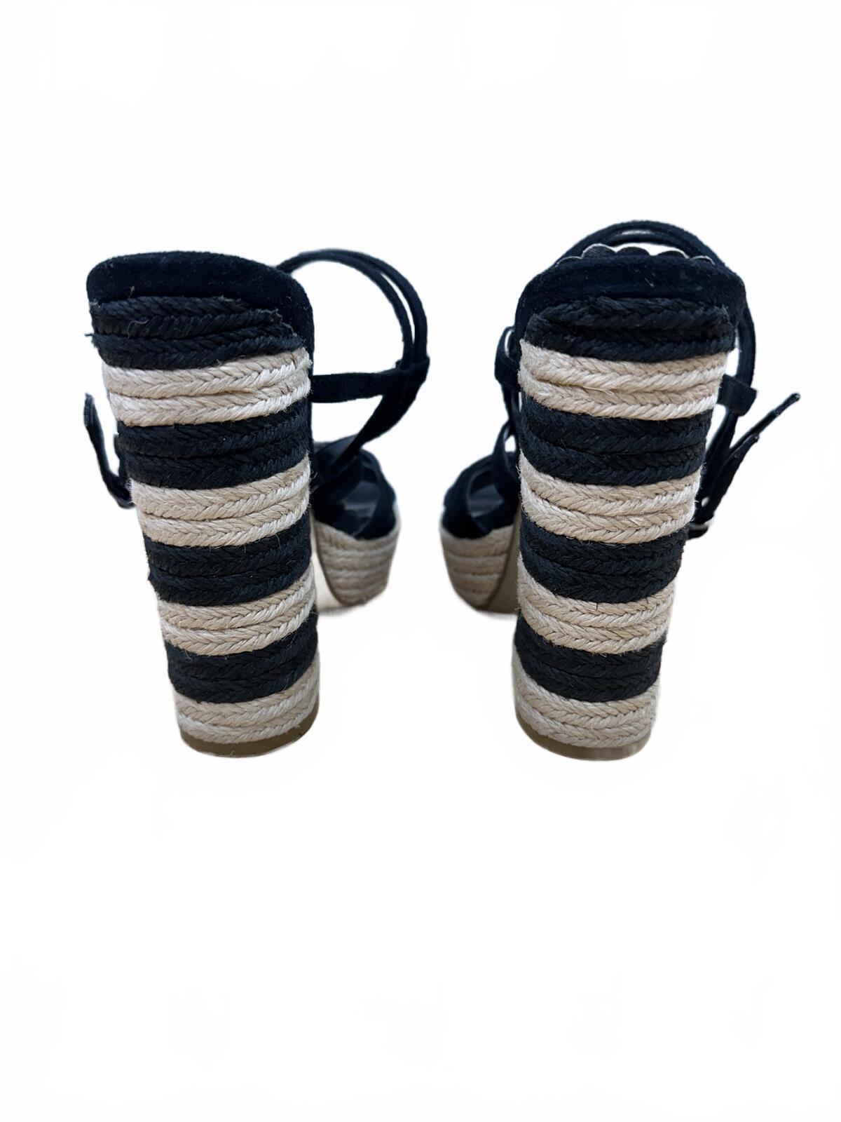 Lulu Townsend Black Strappy Espadrille Heels with Striped Block Heel