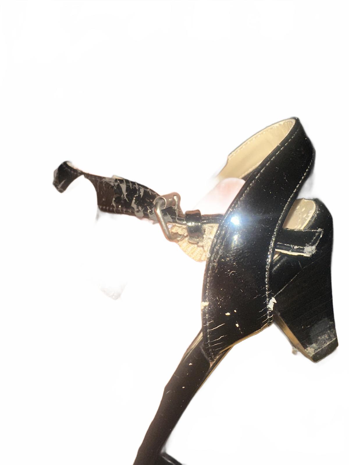Adrienne Vittadini Carinda Black Patent Leather Kitten Heel Sandals