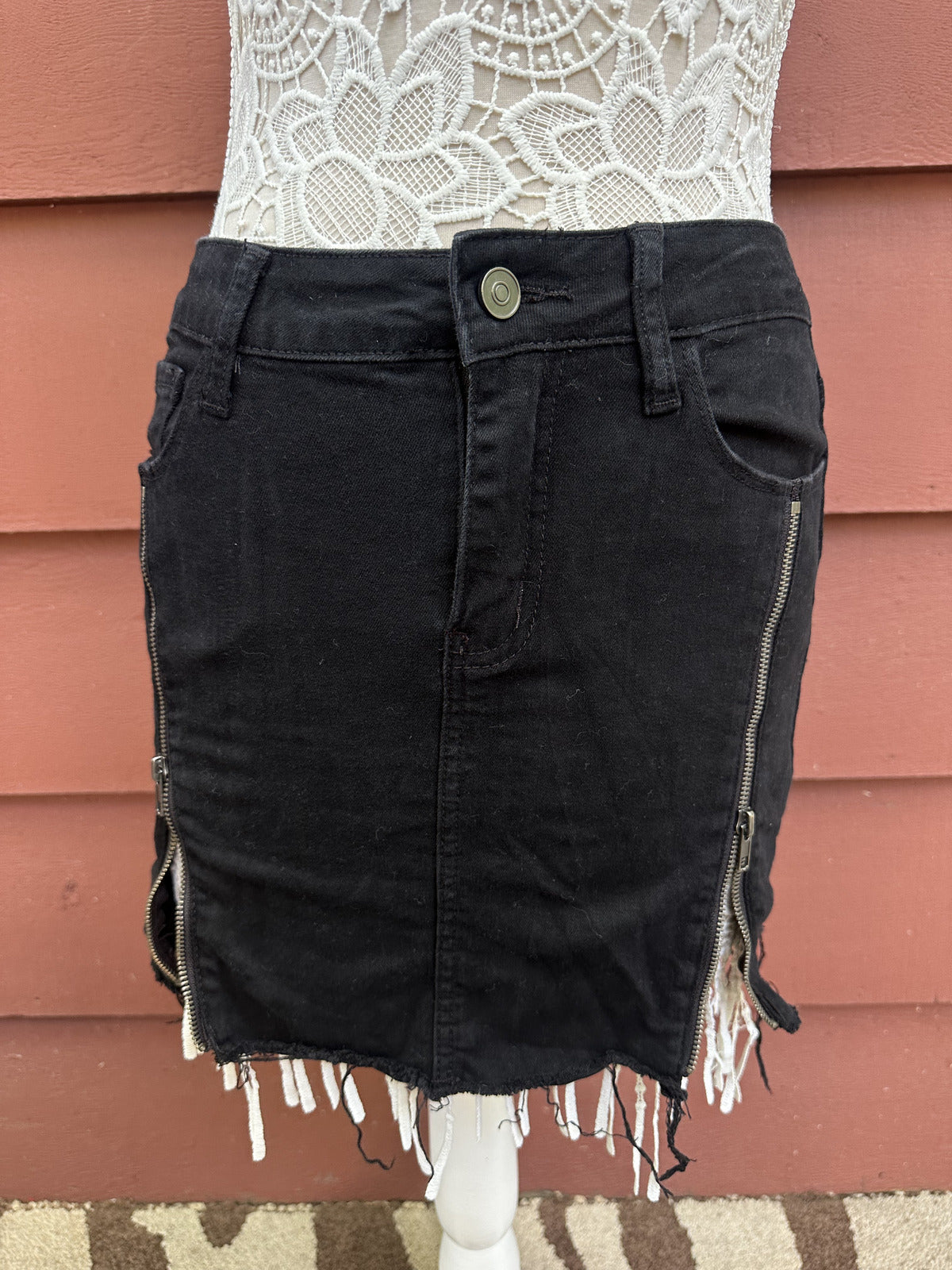 Fashion Nova Black Distressed Denim Skirt with Double Zippers Y2K